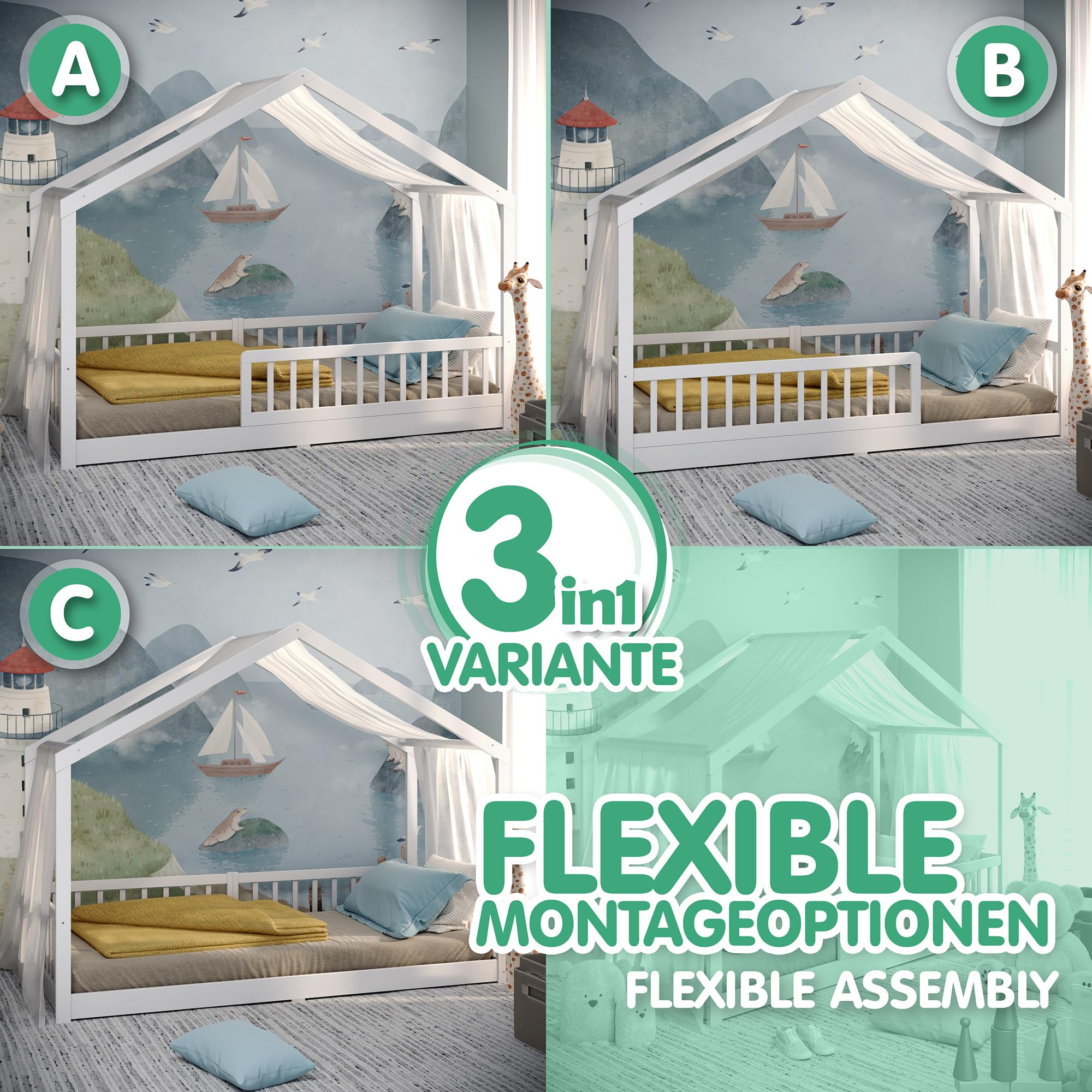 CADANI Malte Letto Casetta per Bambini 90x200 cm – Letto Montessori a Pavimento con Barriera Rimovibile, fino a 200 kg, Rete a Doghe Inclusa, Legno Massello di Pino, Bianco