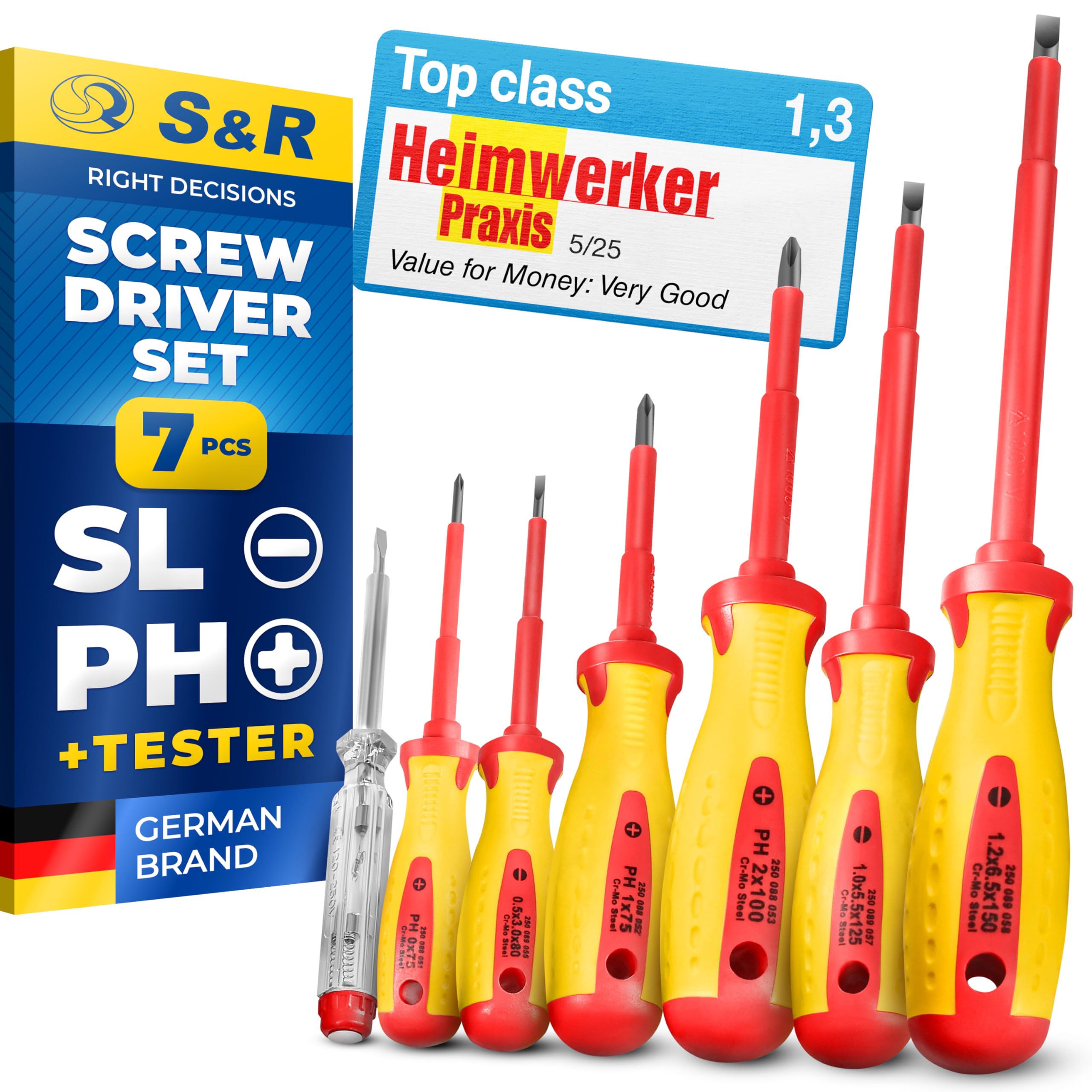 S&R Isolated Screwdrivers Electricians Set Vde-Tested (German Electrical Engineering Association), Power-Form-Handle 7-Piece, Sl Ph Tester... 4045366813075