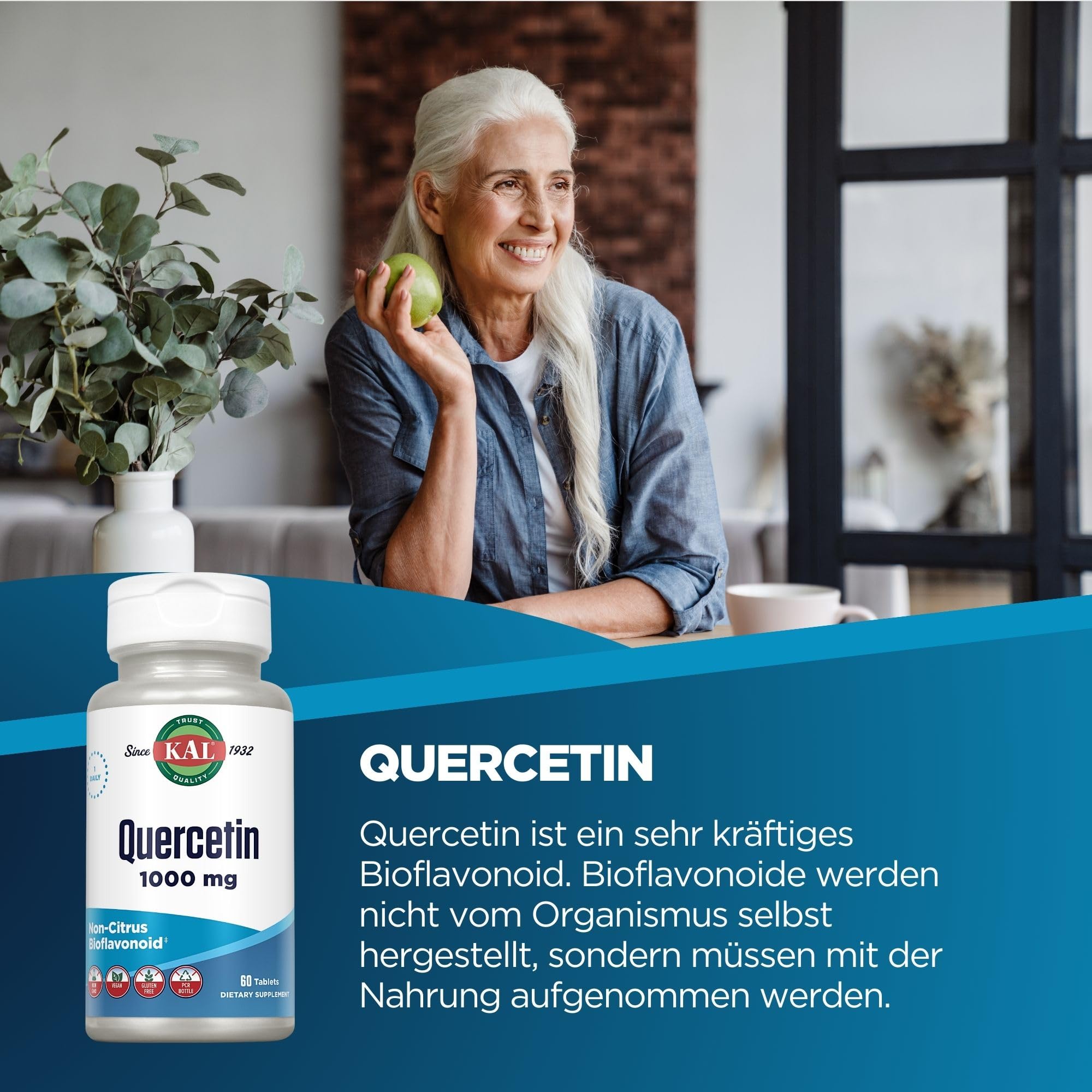 KAL Quercetin | 1000mg | 60 Tabletten | vegan | glutenfrei | ohne Gentechnik | laborgeprüft | Nahrungsergänzungsmittel mit Bioflavonoiden | Verbesserung der Aufnahme & Verweildauer von Vitamin C