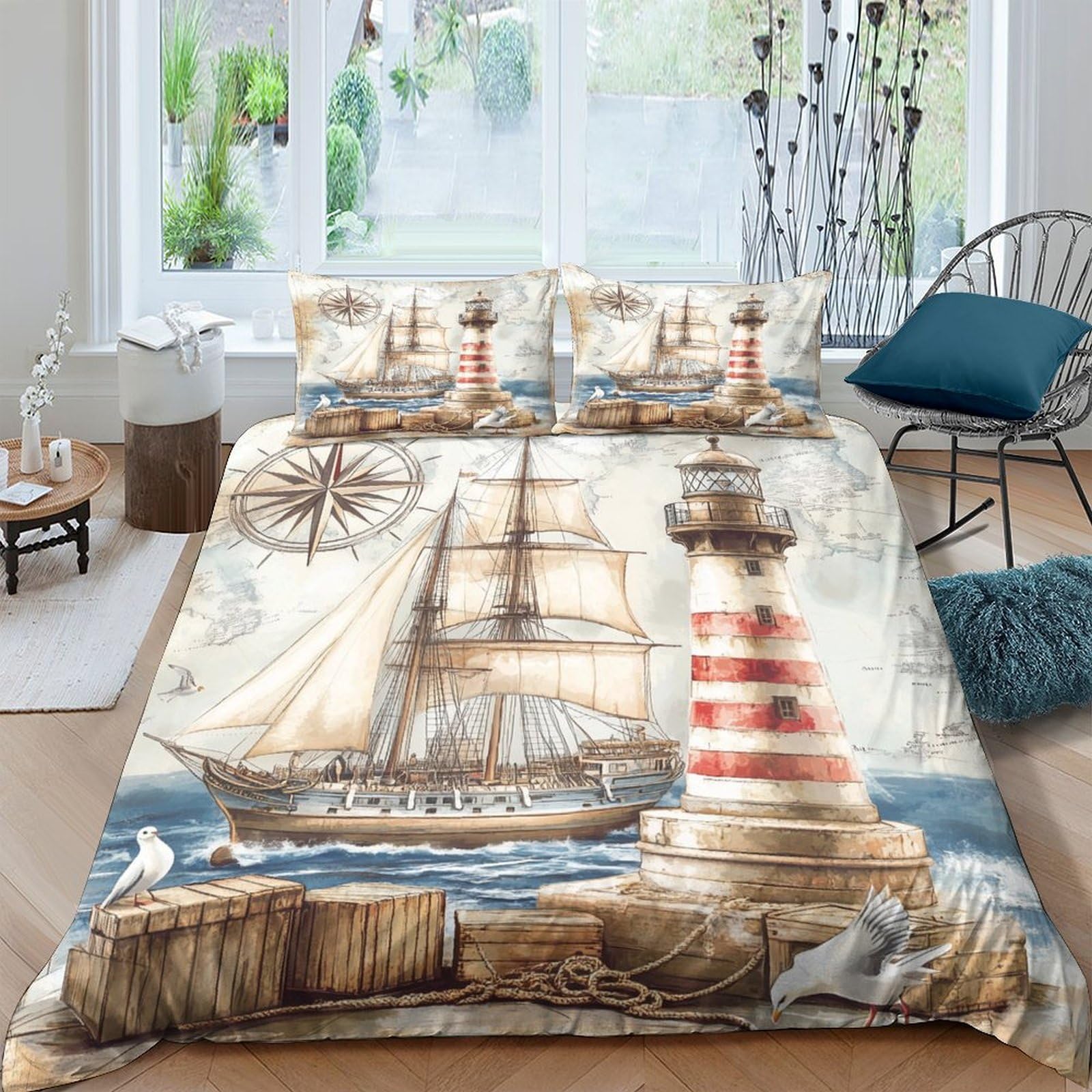 Ctjqhvkz Style-10 3D Printed Nautical Ship Fitted Sheet Microfiber Soft Lighthouse Mattress Cover Decor For Bedroom Guest Room Easy Care Single（135X200cm）