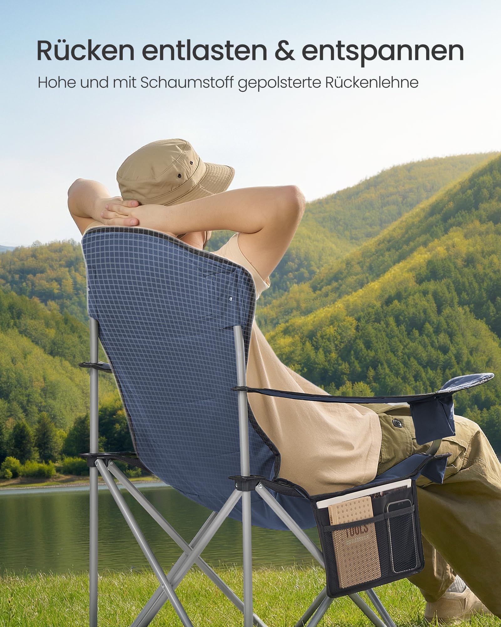 SONGMICS Campingstuhl, klappbar, Klappstuhl, breiter Sitz, hohe Rückenlehne, Outdoor-Stuhl, tragbar, Outdoor-Stuhl, mit Getränkehalter, Handyhalter, Stoff-Organizer, blau-grau GCB005QE01