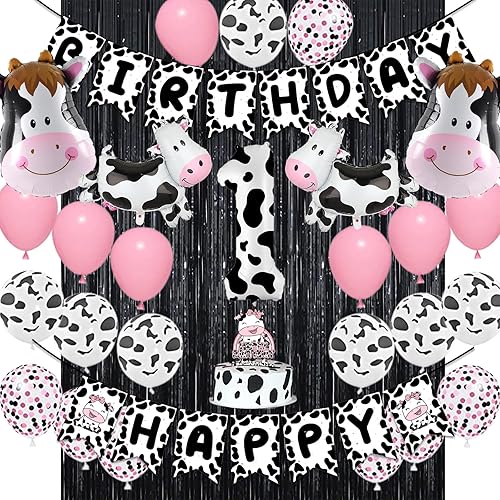 Decoraciones de primer cumpleaños de vaca para niña, kit de decoración de fiesta de primer cumpleaños de vaca con globos con estampado de vaca,