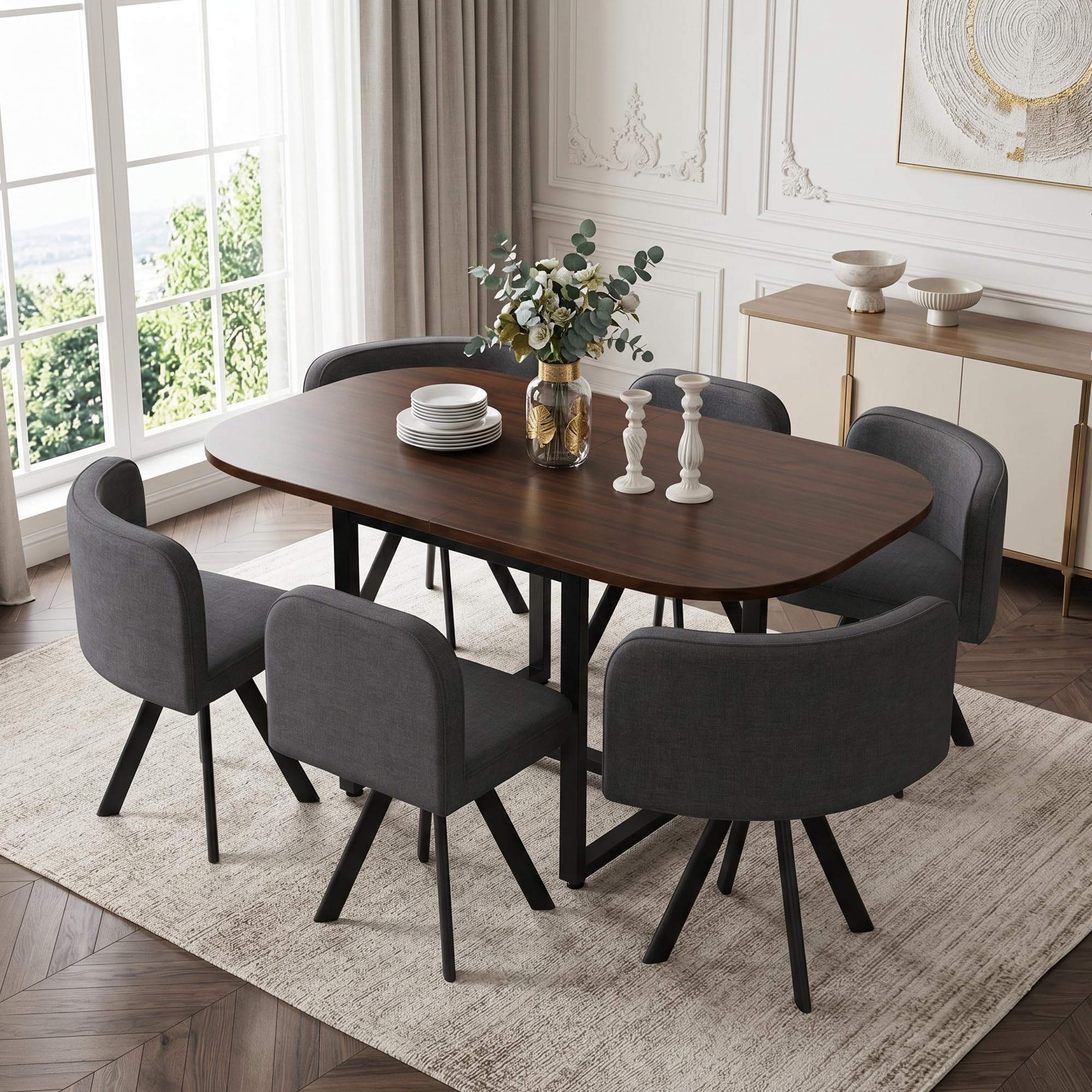 Essgruppe mit 6 Stühlen aus Leinen, Esstisch Set mit Tischplatte(140 x 90cm) aus Walnussholz, Dining Table Set mit rutschfeste Fußpolster, für Küchen und Esszimmer, Grau