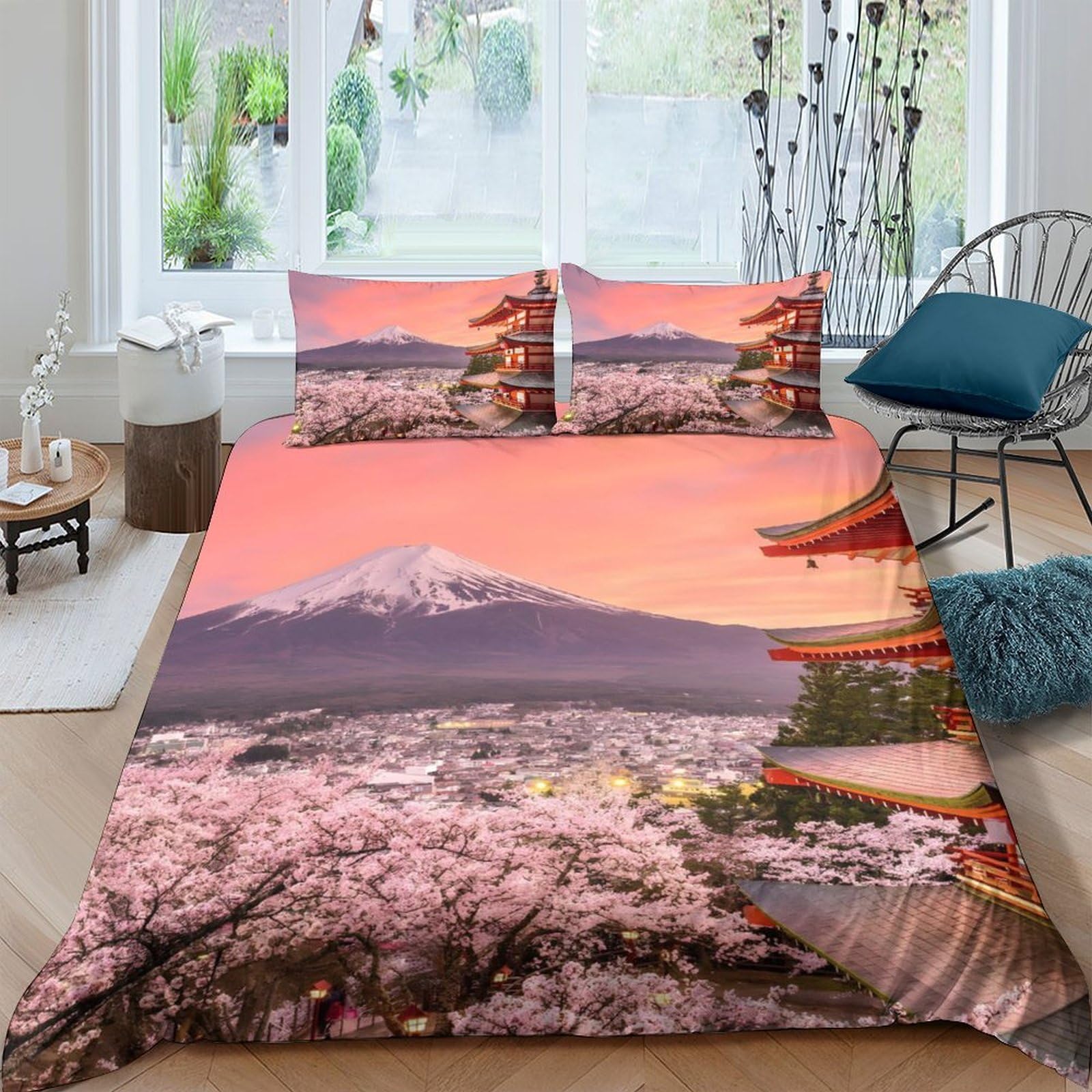 Ctjqhvkz Style-10 3D Printed Sakura Fuji Fitted Sheet Microfiber Soft Breathable Pagoda Sunrise Bed Cover For Bedroom Guest Room Decor Single（135X200cm）