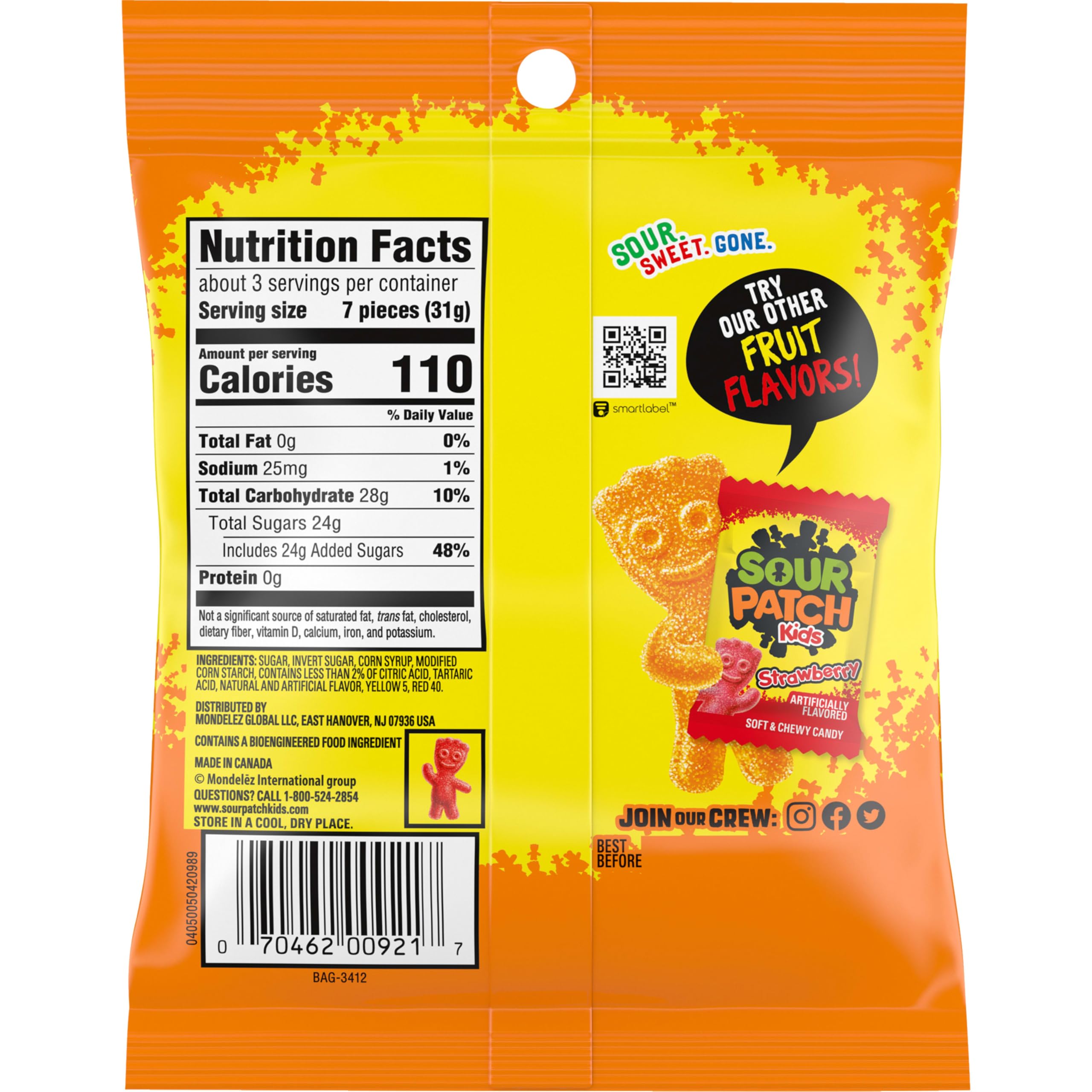 SOUR PATCH KIDS Caramelos suaves y masticables de melocotón, bolsas de 101 g, paquete de 12
