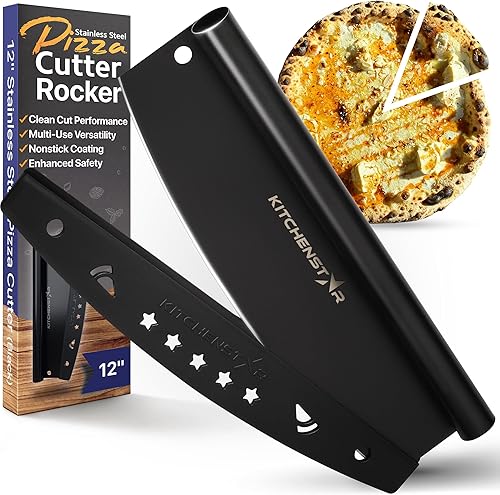 KitchenStar Cortador de pizza balancín de 12 pulgadas - Cuchillo rebanador de pizza de acero inoxidable - Cuchillo afilado antiadherente negro con