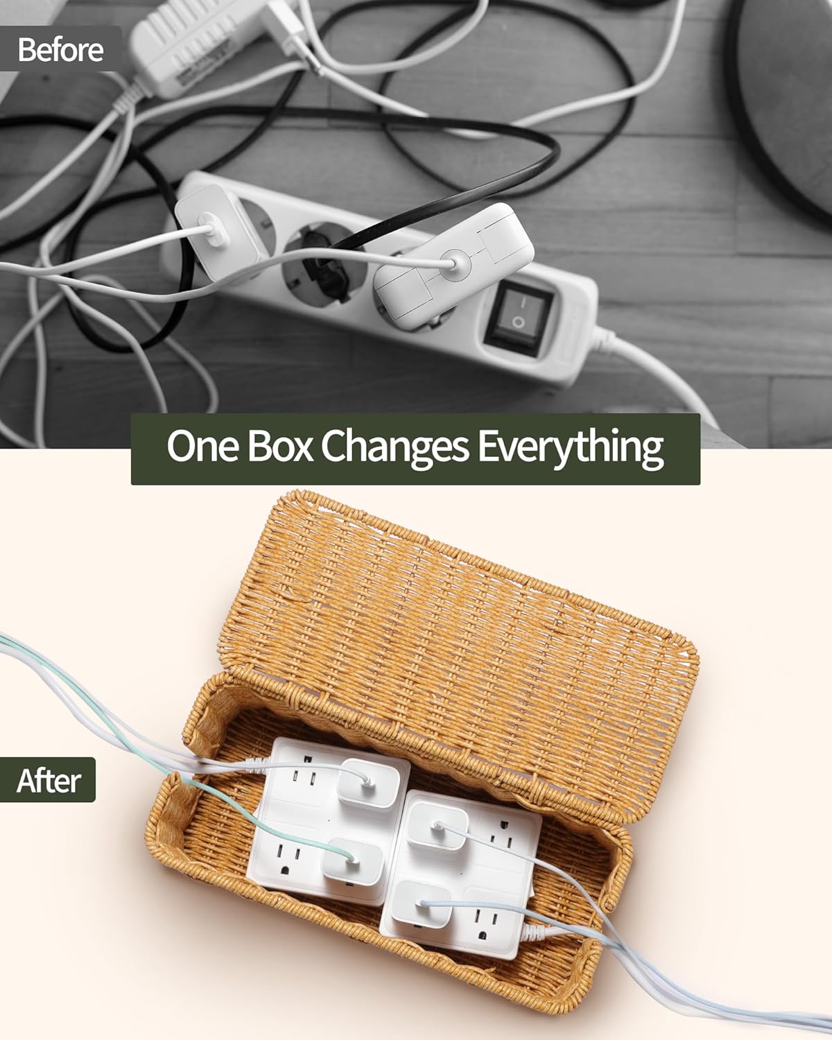 YECAYE Handwoven Rattan Style Cable Management Box, Decorative Storage Cord Organizer Box for Power Strips & Cords, Cord Hider for Home, Kids & Pet Safety, DIY-Friendly Cord Management classic