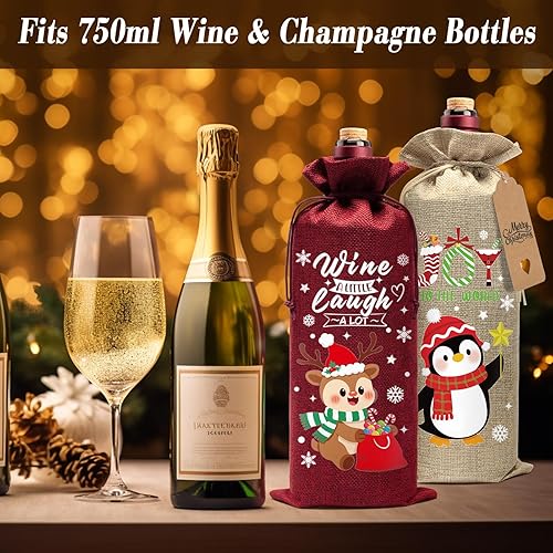 Miniatura 10 de Aoonby 12 bolsas de arpillera para vino, bolsas de regalo de vino de Navidad para botellas, bolsas de botellas de Navidad a cuadros con cordón