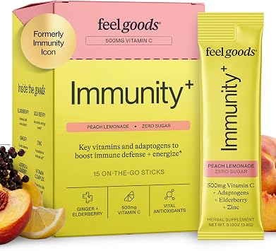 Feel Goods Immunity Icon, Vitamin C Immune Support Powder Packets, 15 Count | Immunity Plus, 500mg Vitamin C, Elderberry, Ginger, Turmeric, Vitamins for Immune Health, Sugar-Free, Caffeine-Free Drink Mix