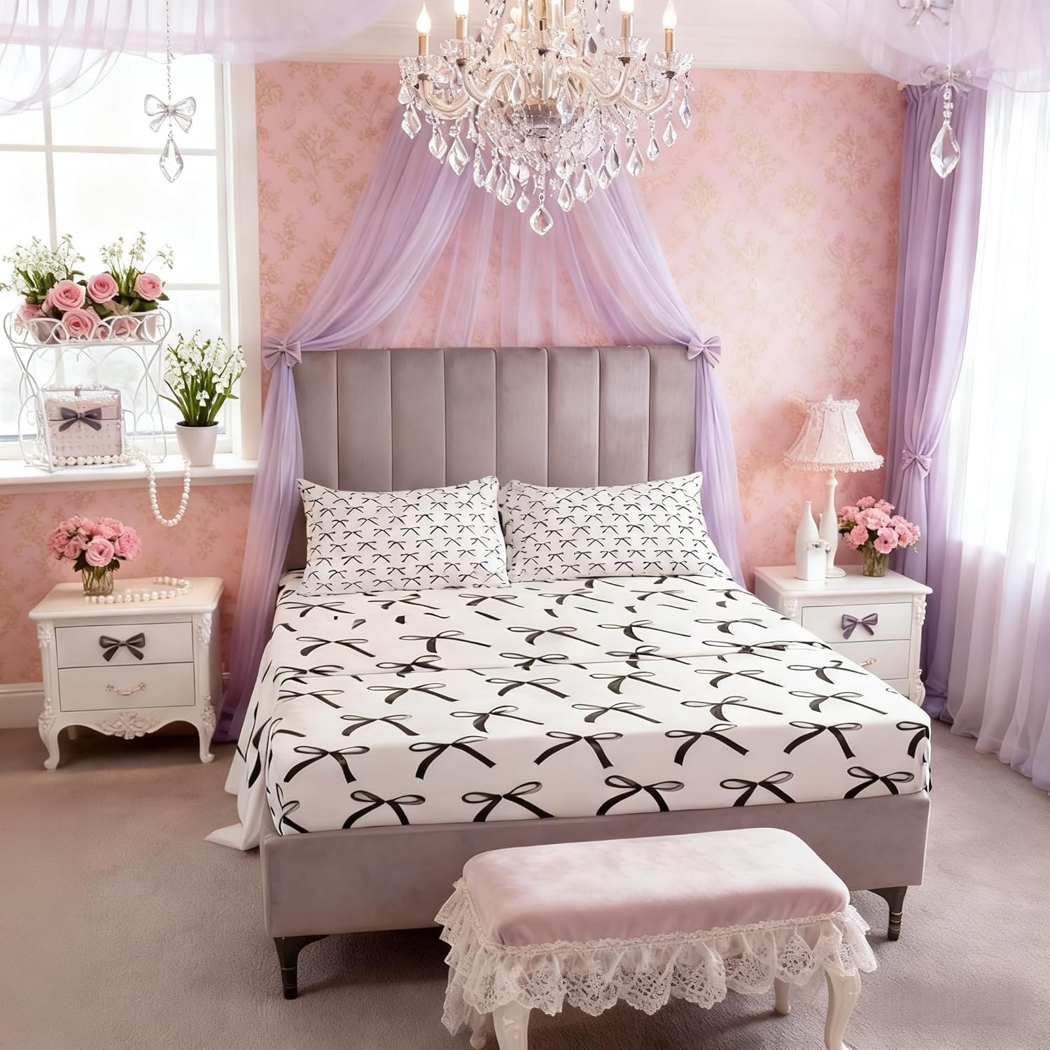 Cartoon Bowknot Kids Sheet Twin Size,Bow Tie Geometric Patchwork Modern Bedding Set,Girls Women Room Decor,Bow Butterfly Knot Black White Simple Bed Sheet Set 3pcs(Fitted + Flat + 1 Pillowcase)