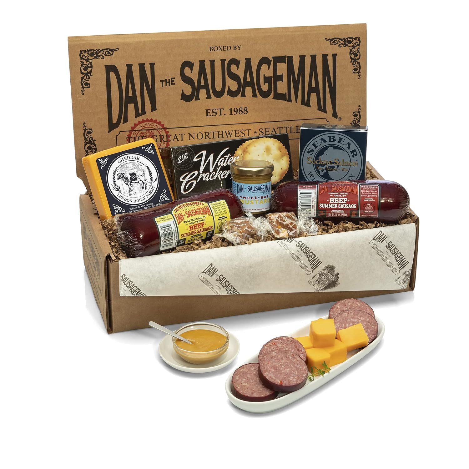 Dan the Sausageman Silver Star Gourmet Meat & Cheese Gift Box – Original & Jalapeno Summer Sausages, Sweet Hot Mustard, Sockeye Salmon, Water Crackers, Almond Roca – 8-Item Holiday Snack Box Dan the Sausageman Silver Star Gourmet Meat & Cheese Gift Box – Original & Jalapeno Summer Sausages, Sweet Hot Mustard, Sockeye Salmon, Water Crackers, Almond Roca – 8-Item Holiday Snack Box