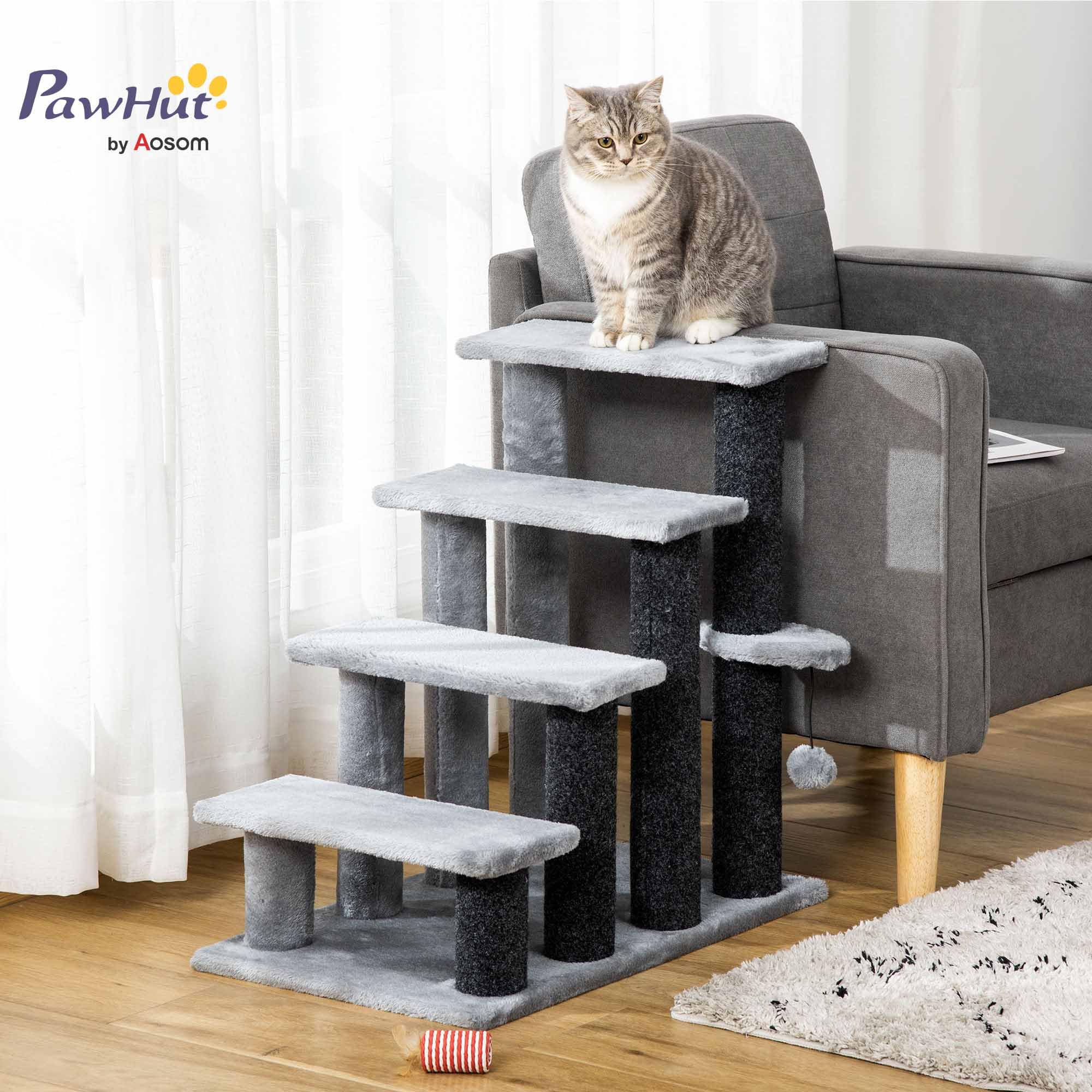PawHut Katzentreppe 4-stufige Haustiertreppe mit Kratzsäulen Ball Hundetreppe Tiertreppe für Katzen Plüsch Jute Grau 60 x 40 x 64 cm