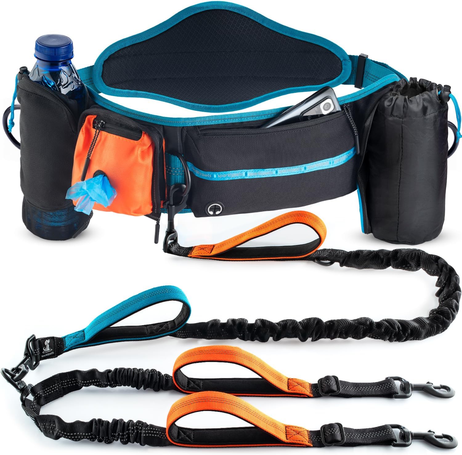 Double Bungee Dog Leash with Waist Belt & Pockets for Large Breeds Double Bungee Dog Leash with Waist Belt & Pockets for Large Breeds