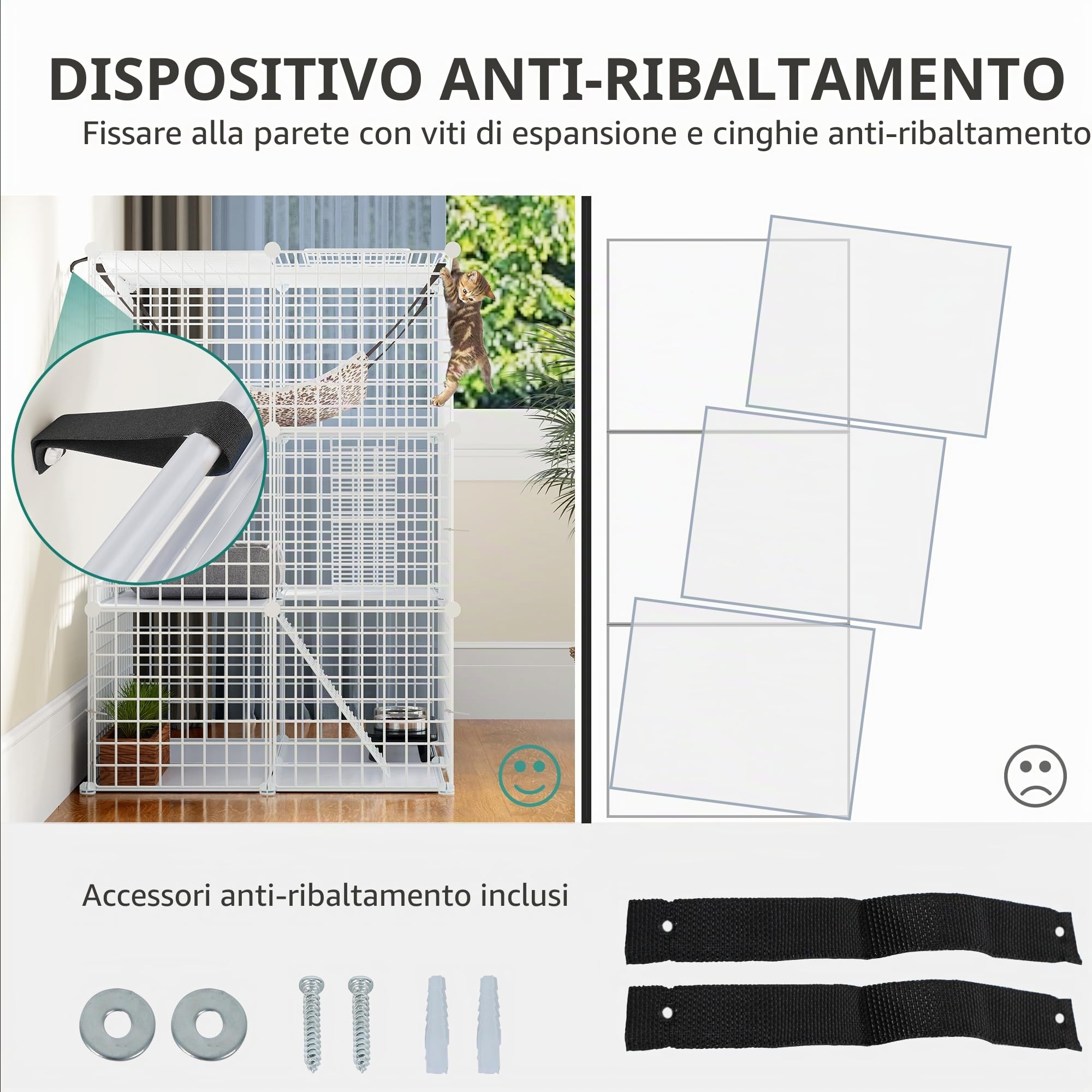 YITAHOME Recinto per Gatti a 3 Livelli Con 3 Porte, 2 Scale, Box in Metallo Con Amaca, Catio a Filo Denso Rimovibile per 1-2 Gatti, Bianco, 72x72x104 cm