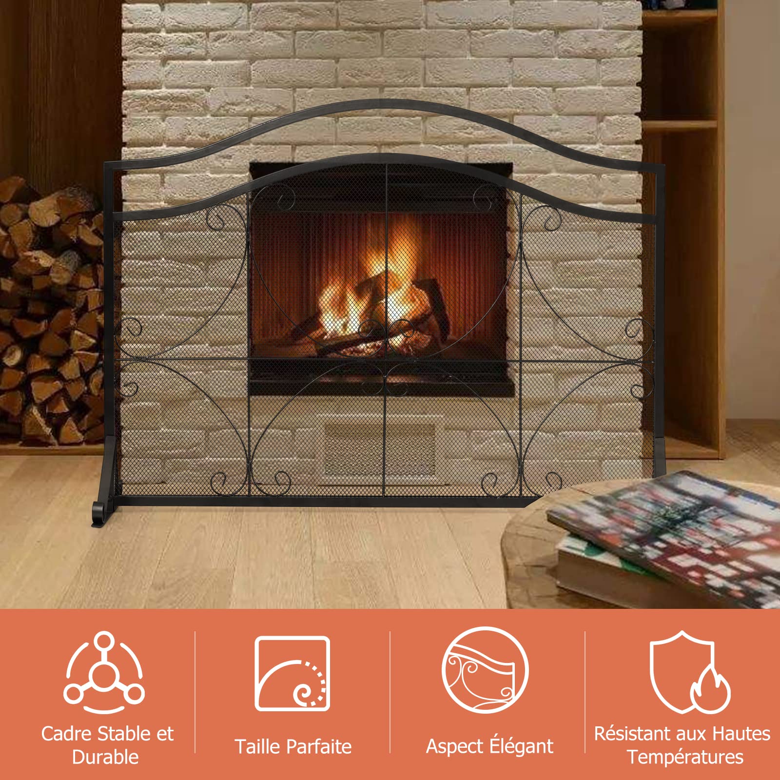 GOPLUS Écran de Cheminée pour Isolation des Étincelles et Cendres, Pare-Feu de Cheminée, Panneau Protection Cheminée Décoratif, pour Salon, Chambre, 113 x 34 x 84 cm, Noir