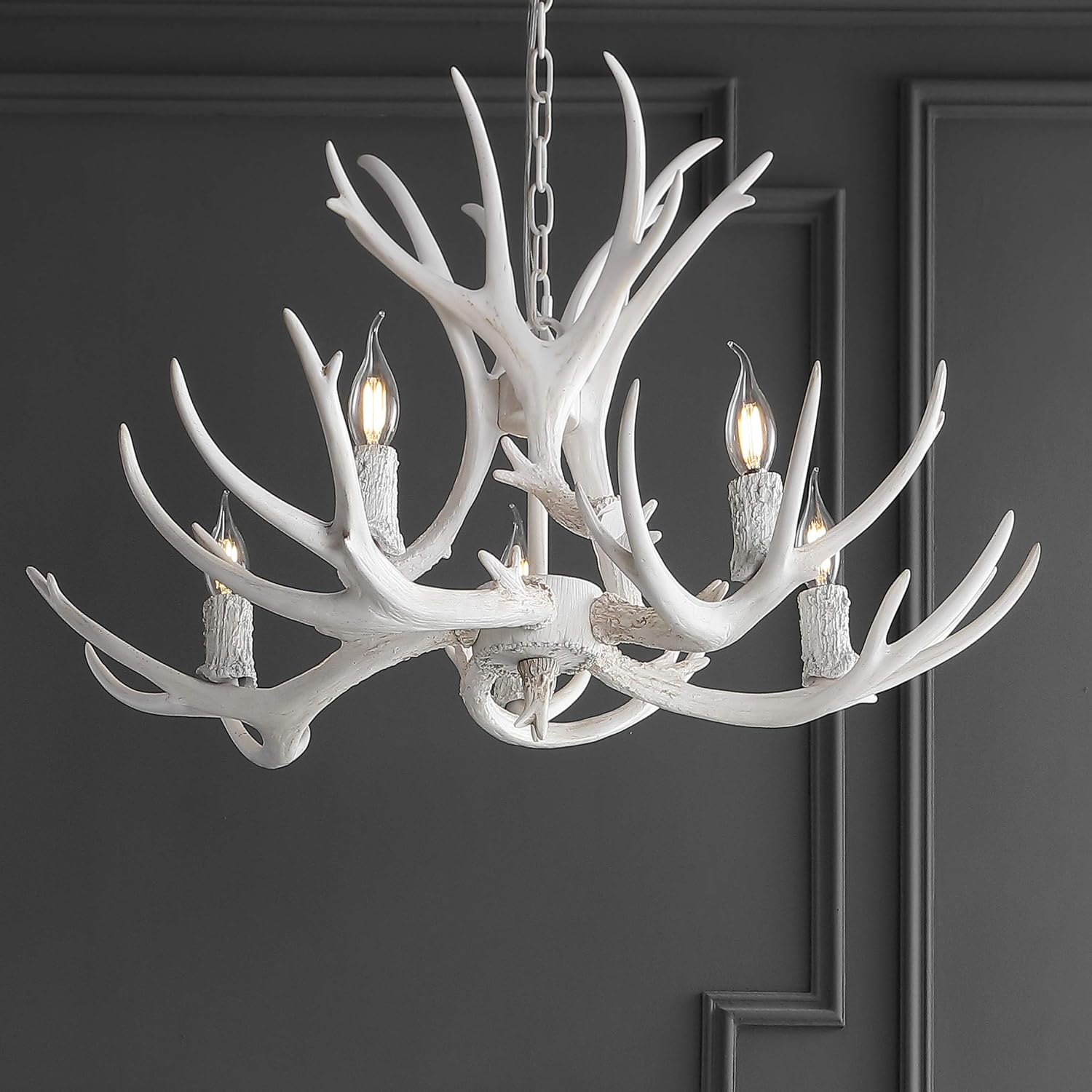 JONATHAN Y JYL6300B Eldora 30" Adjustable Resin Antler 5-Light LED Chandelier, Glam, Rustic,Cottage,Transitional, Dimmable Dining Room, Living Room, Kitchen, Foyer, Bedroom, White - - 