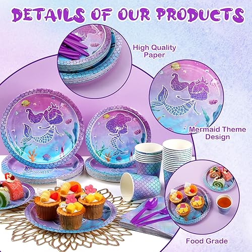 Miniatura 3 de Rtteri 224 piezas de decoraciones de cumpleaños de sirena para niñas, platos de fiesta de sirena, tazas, pancartas de feliz cumpleaños, espirales