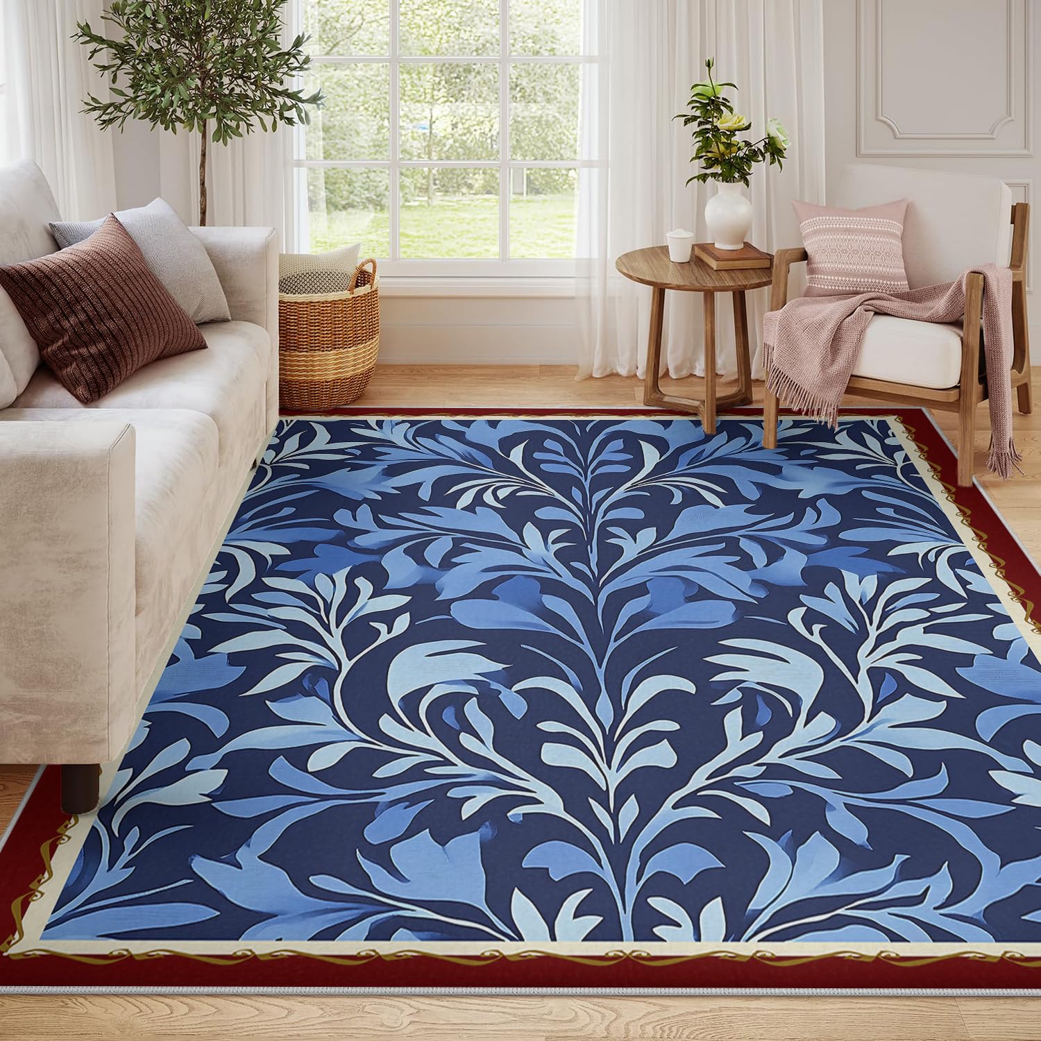 Styl Vintage 120 x 150 cm - Dywaniki do salonu 120 x 150 cm - Botaniczne klasyczne dywaniki z nadrukiem liści niebieski miękki puszysty prostokątny dywanik do łóżka