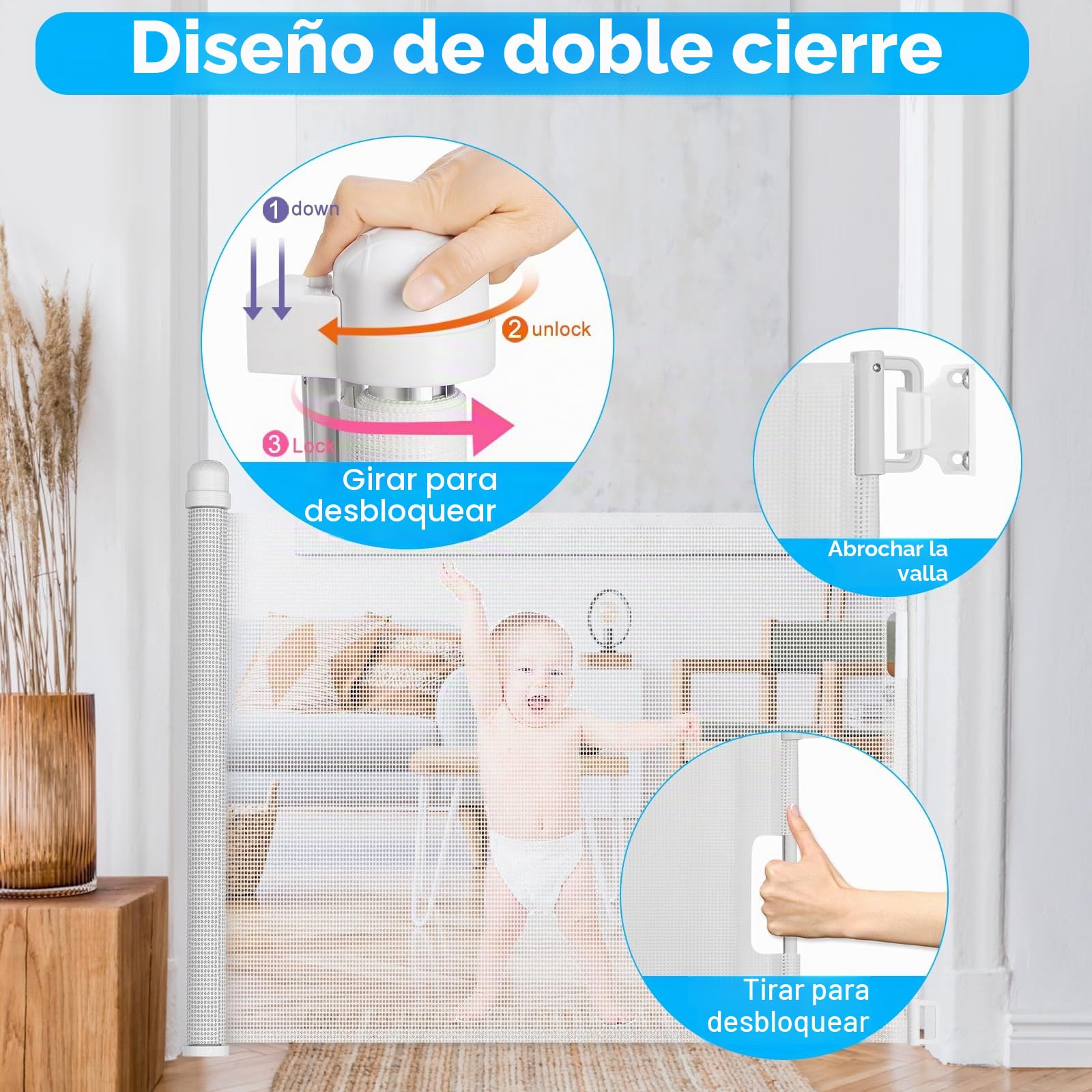 Rejilla de protección para escaleras, extensible para bebés y mascotas, protección para escaleras, puertas, interiores y exteriores (0-180 cm, 87 cm de alto, blanco)