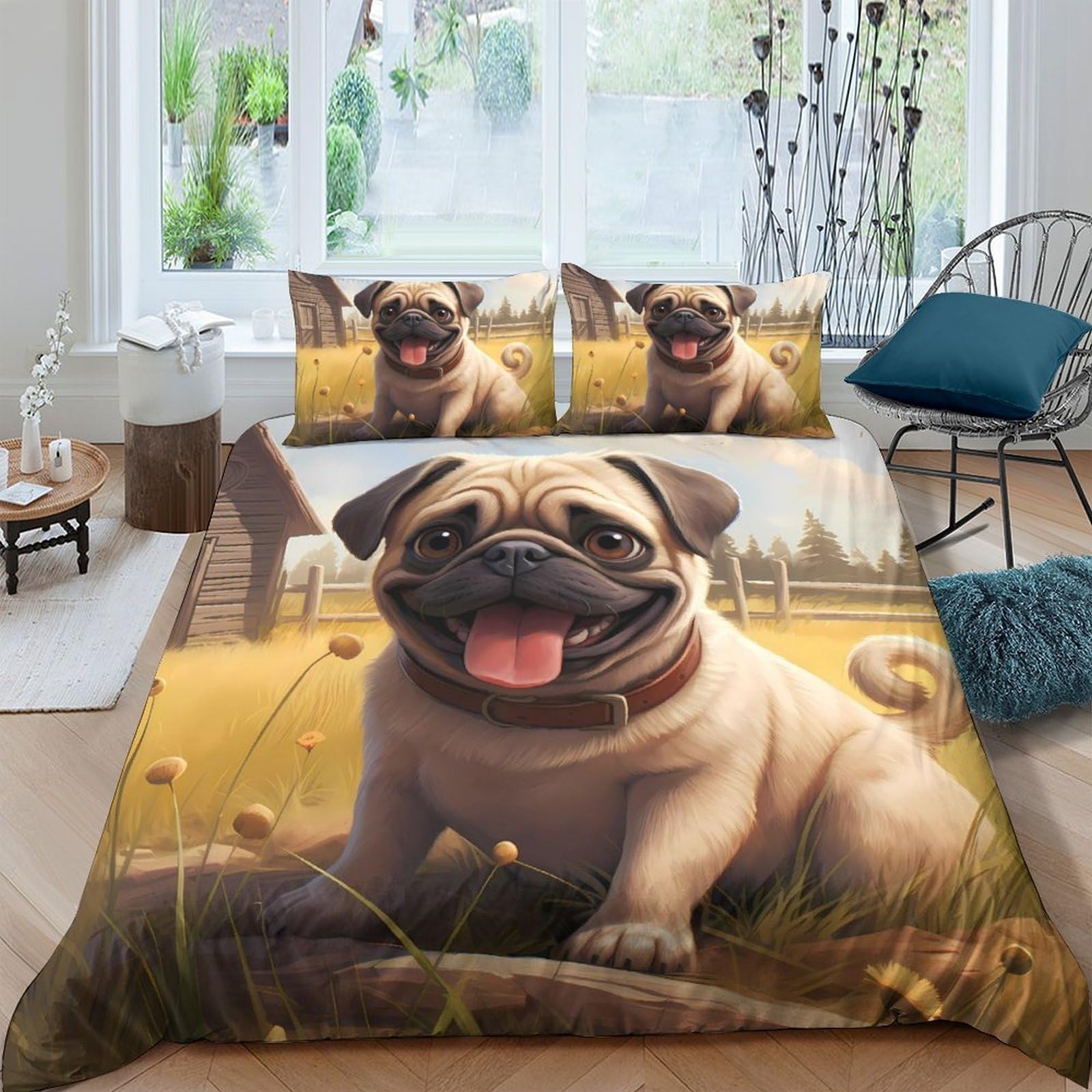 Ctjqhvkz Style-2 3D Printed Pug Dog Fitted Sheet Microfiber Soft Breathable Meadow Bed Cover For Bedroom Guest Room Decor Single（135X200cm）