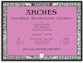 ARCHES Aquarelle 300 g/m² Grão Satinado Branco Natural Bloco 23x31 20 Folhas.