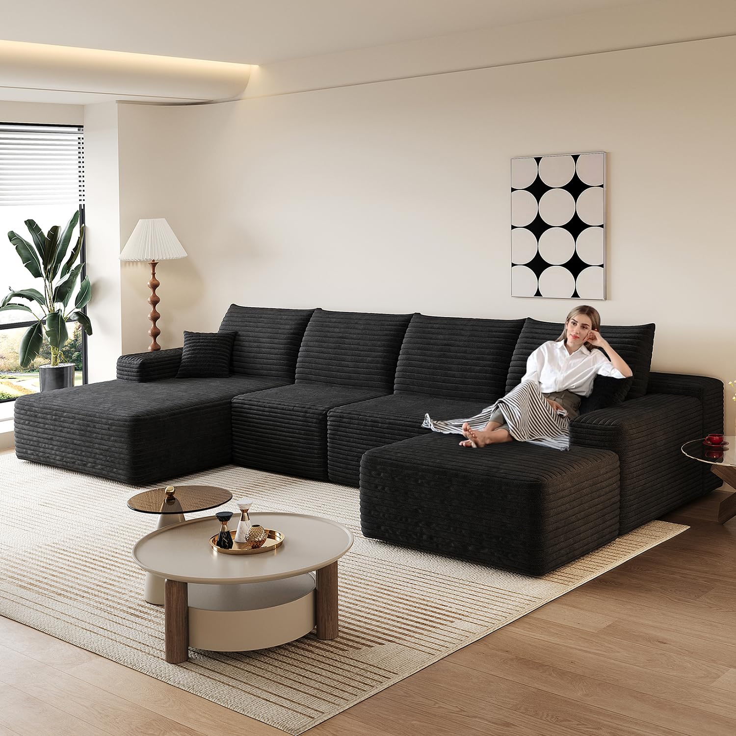 135.4" Comfy U-Shaped Sectional Modern Boneless Corduroy Couch with Chaise ‌and Ottoman‌ - No Assembly Required! Deep-Seat, Upholstered Modular Cloud