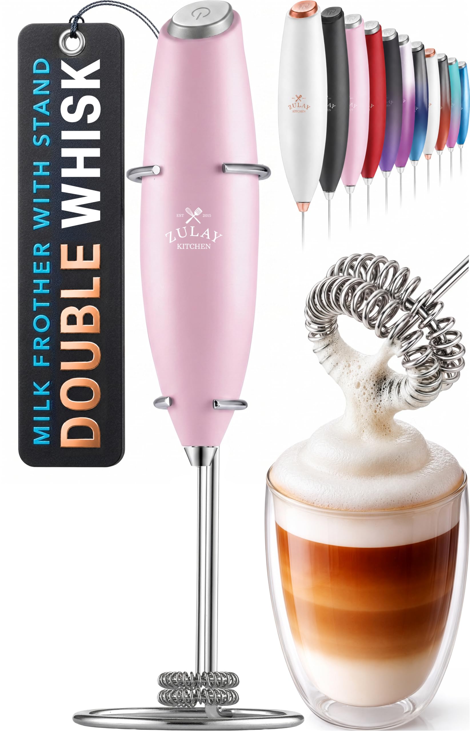 Zulay Kitchen Powerful Double Whisk Milk Frother Handheld - Foam Maker With Stand - Whisk Drink Mixer for Coffee, Mini Foamer for Latte, Matcha, Frappe, Hot Chocolate &amp; Cappuccino - Magnetic Pink