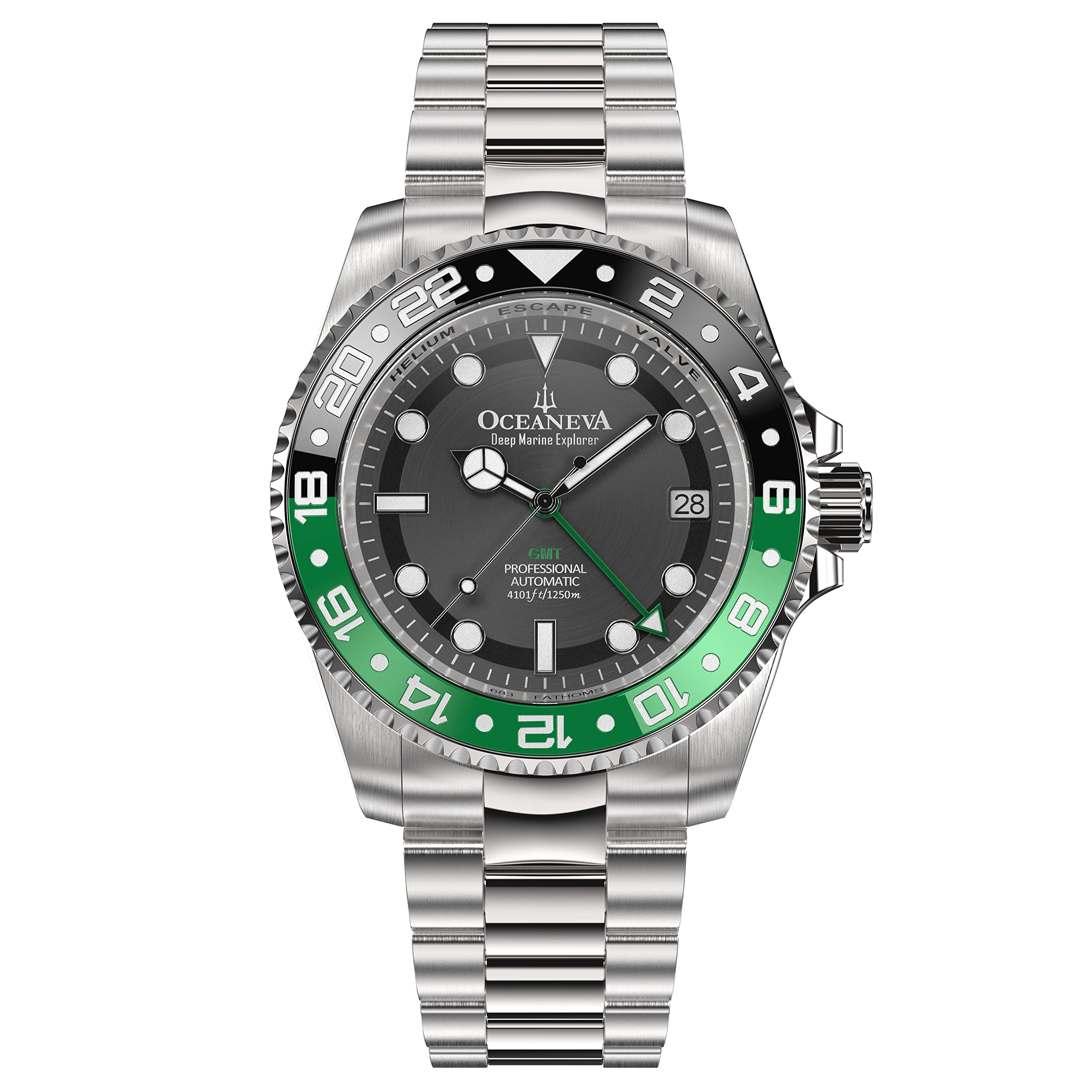 Men's GMT Automatic Deep Marine Explorer 1250M Pro Diver Black Green Bezel Watch - Stainl…