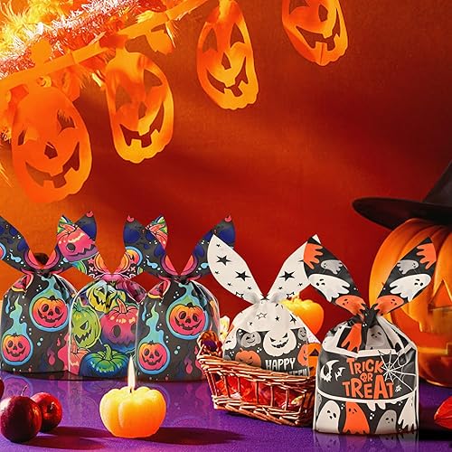 Miniatura 4 de AhfuLife 120 bolsas de dulces de Halloween, 6 diseños de bolsas de golosinas de Halloween para niños para dulce o truco, pequeñas orejas de conejo