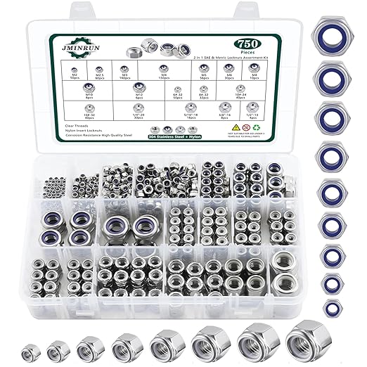 750PCS SAE & Metric Nylon Insert Lock Nuts Kit, 304 Stainless Steel Standard Thread Nylock Nuts for Bolt, 6#32 8#32 10#24 10#32 1/4"-20 5/16"-18 3/8"-16 1/2"-13 M2 M2.5 M3 M4 M5 M6 M8 M10 M12