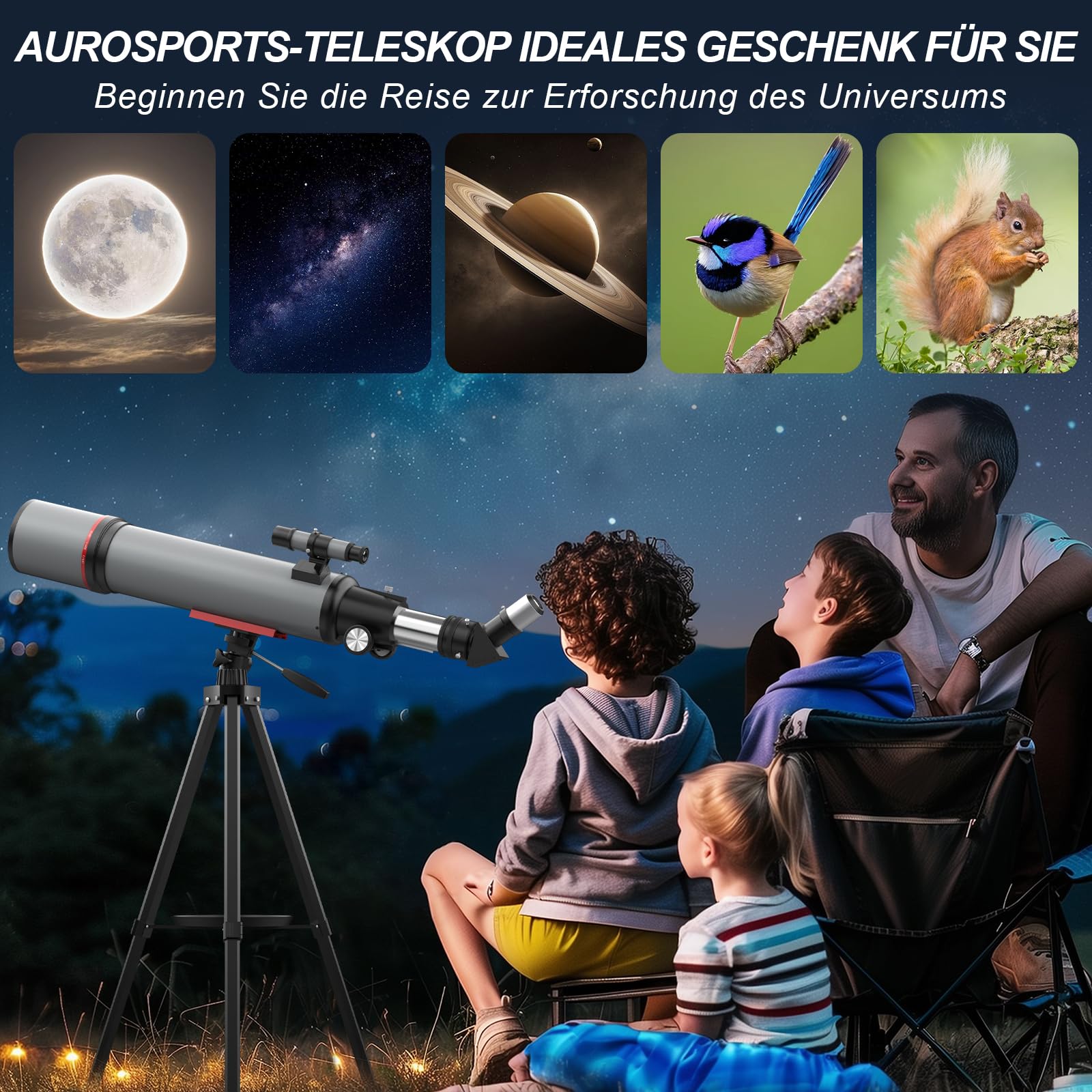 Aurosports Astronomisches Teleskop für Erwachsene - 90mm Öffnung 600mm Refraktor Teleskop Anfänger kompaktes und tragbares Reiseteleskop mit Rucksack
