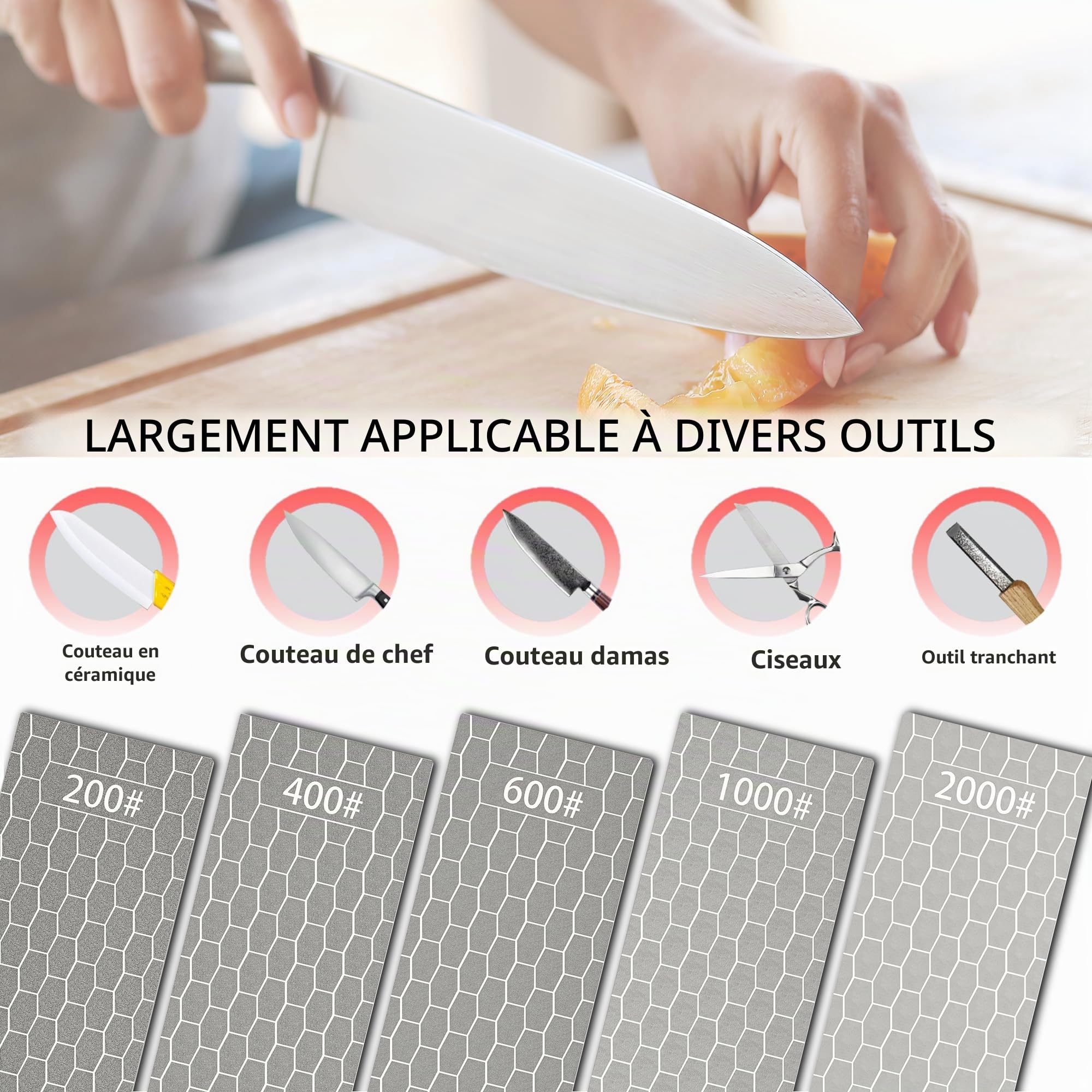 CWOVRS 5 PCS Pierres à Aiguiser Diamant, Panneau Pierre Aiguiseuse avec surface en nid d'Abeille avec Base Antidérapante pour Ciseaux Couteux Outils, de Rugueux à Ultra - Fin 200/400/600/1000/2000#