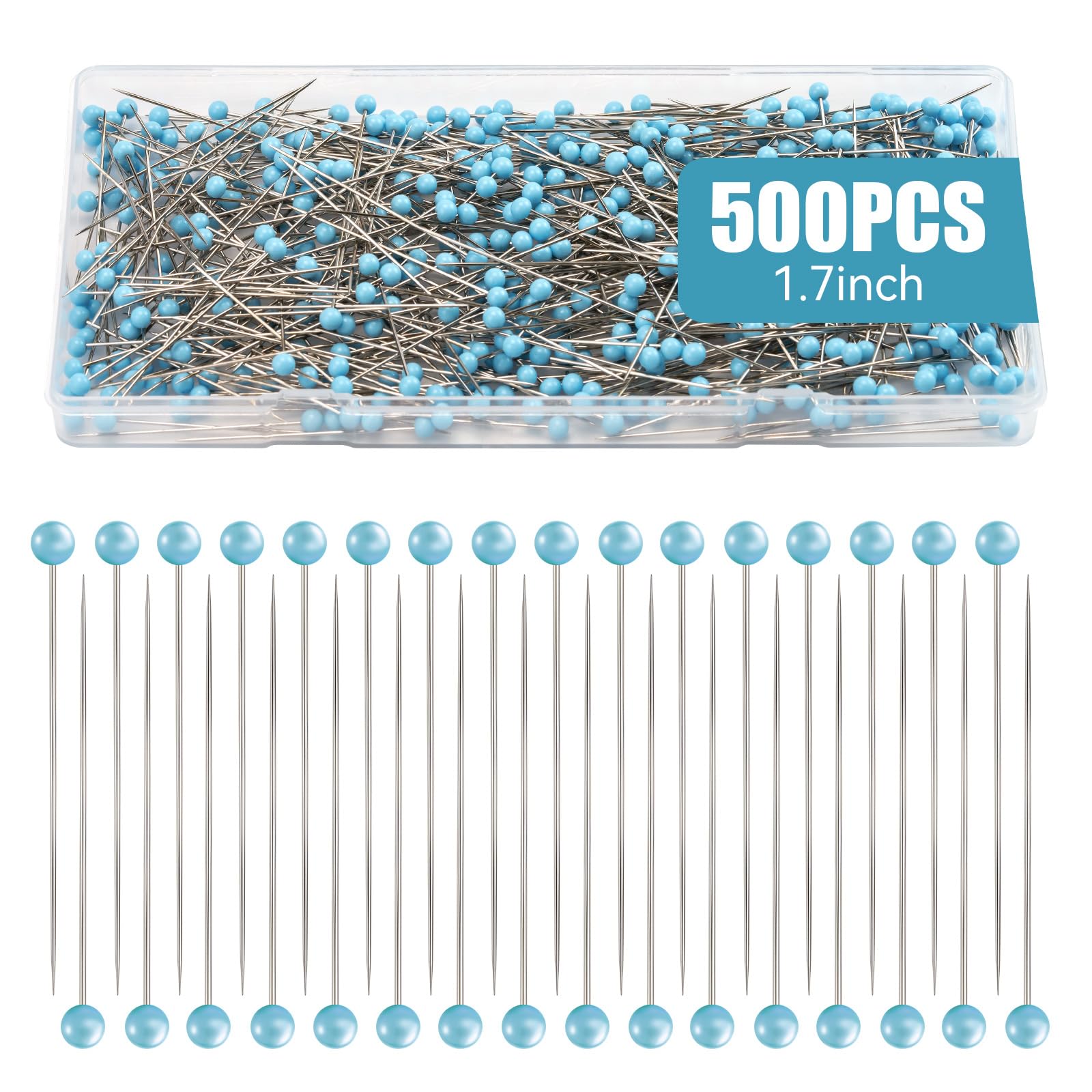 500 Stück Nähnadeln, Quiltnadeln, 4,4 cm, gerade, lange blaue Glas-Kugelkopf-Nähnadeln für Stoff, Edelstahl-Schneiderei zum Nähen, Basteln, Schmuckherstellung, DIY