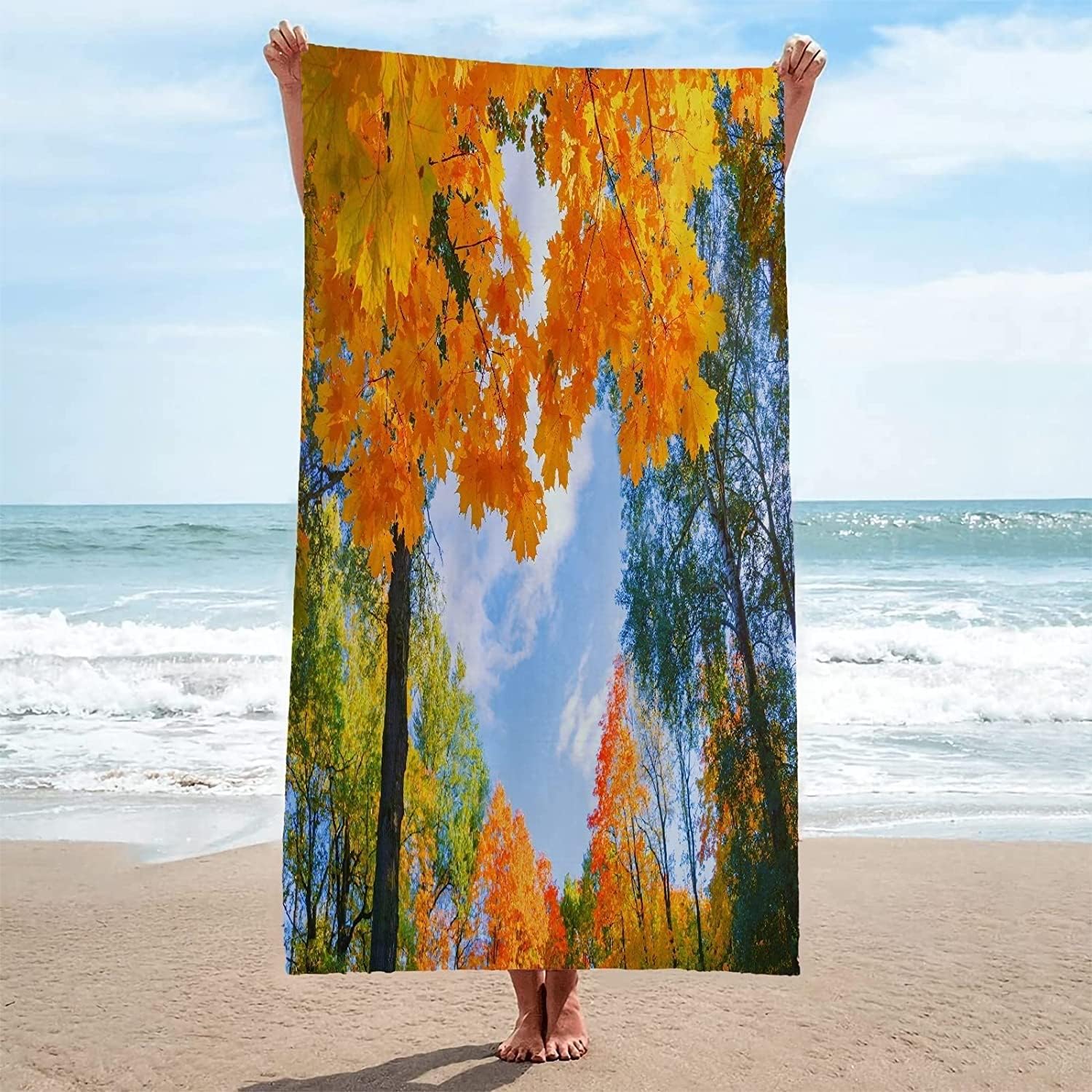 Serviette de Plage 200x200 Femme Homme Enfant, Drap de Plage XXL Serviette Plage Anti Sable à Séchage Rapide Grande Serviette Plage Feuille d'érable, pour Bain, Piscine, Camping Forêt A413