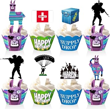 Video Game Cupcake Toppers Wrappers 96Pcs for Llama Party Supplies Favors