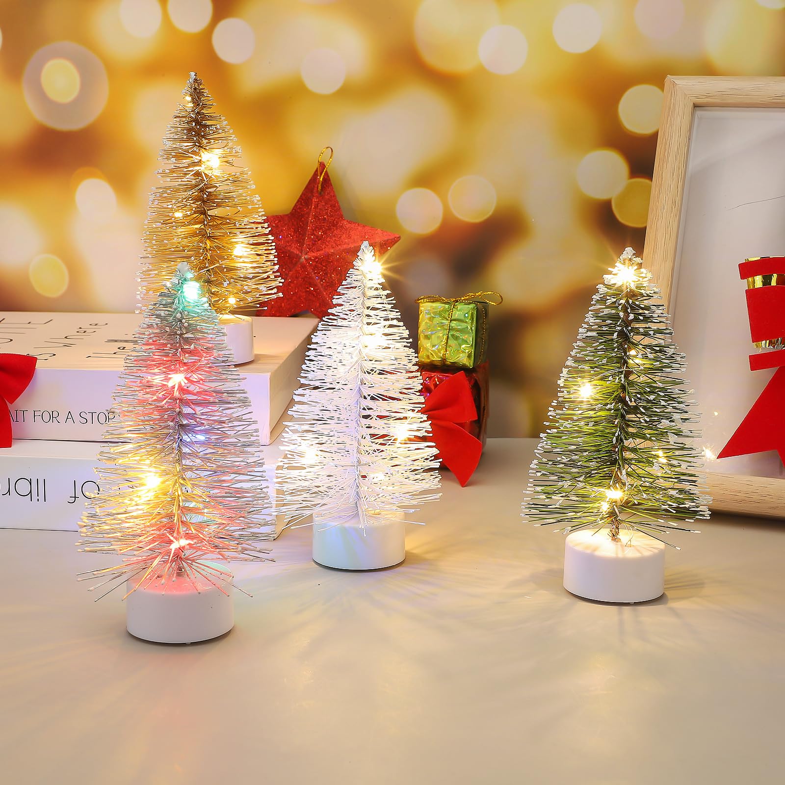 Pcscevcr 4 alberi di Natale da tavolo con luci, mini albero di Natale artificiale con base, spazzola per bottiglie, ornamenti da tavolo per feste e decorazioni per la casa