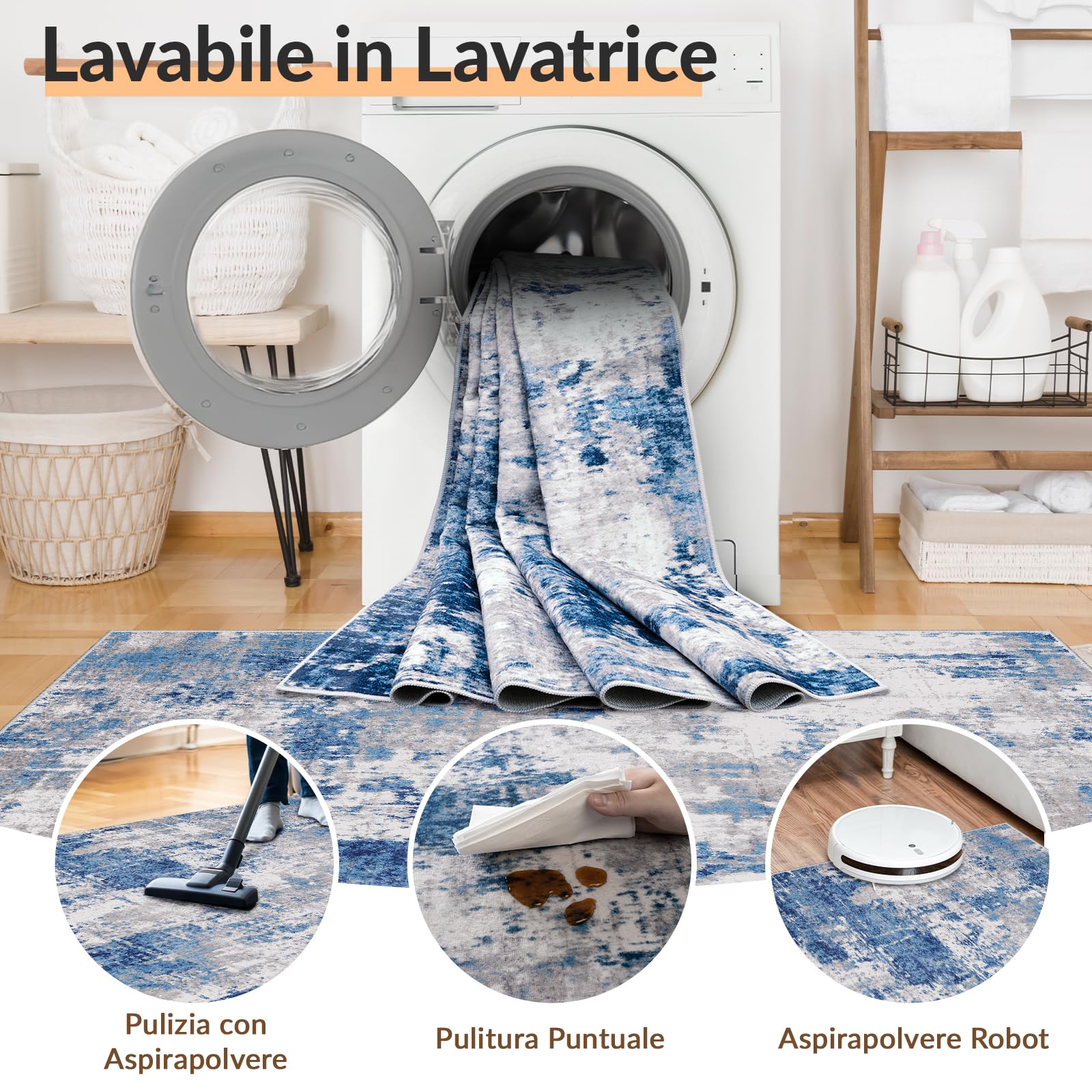 INOVADAY 150x210 cm Tappeto Lavabile in Lavatrice Tappeti Moderno Astratto Blu/Grigio