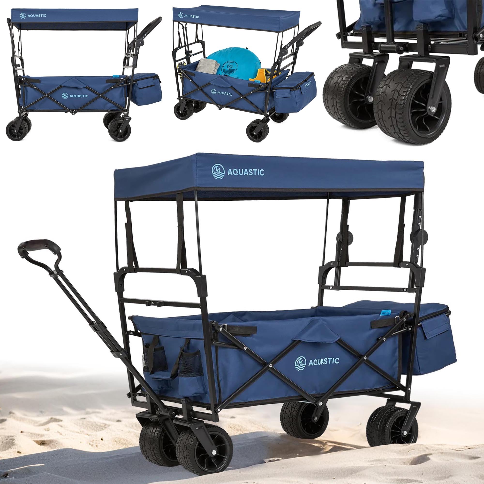 AQUASTIC Carrello pieghevole da 106 l, carico 90 kg, ruote in PU 16 × 10 cm, baldacchino, imbracatura, manico ergonomico, borsa e custodia per il trasporto - nero