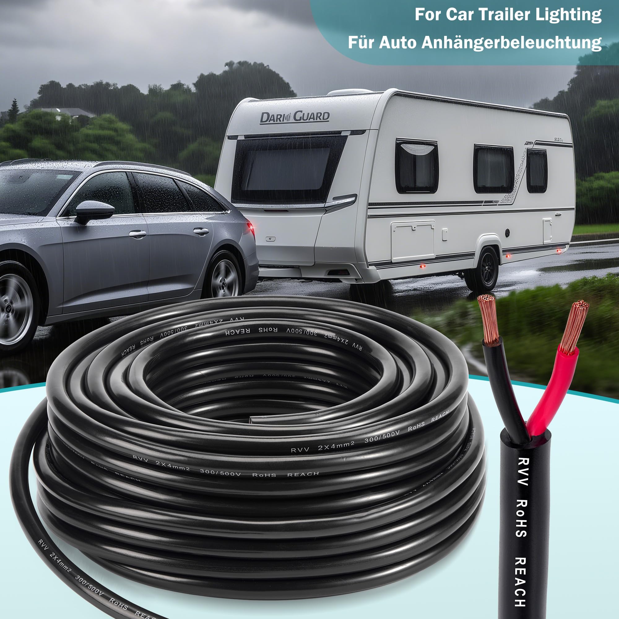2 polig Rundkabel für Anhänger 2x4,0mm² - 20M Anhänger Verlängerungskabel Kupfer KFZ Elektrokabel 12V/24V - Wasserfest Fahrzeugleitung PVC für RV, LED-Rücklichter, Anhängerbeleuchtung