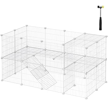 SONGMICS Pet Playpen, Small Animal Playpen, Rabbit Guinea Pig Cage,?Zip Ties Included,?Metal Wire Apartment-Style Two-Story?Pet Premium Villa for Bunnies?Puppies, Indoor Use, White ULPI02W