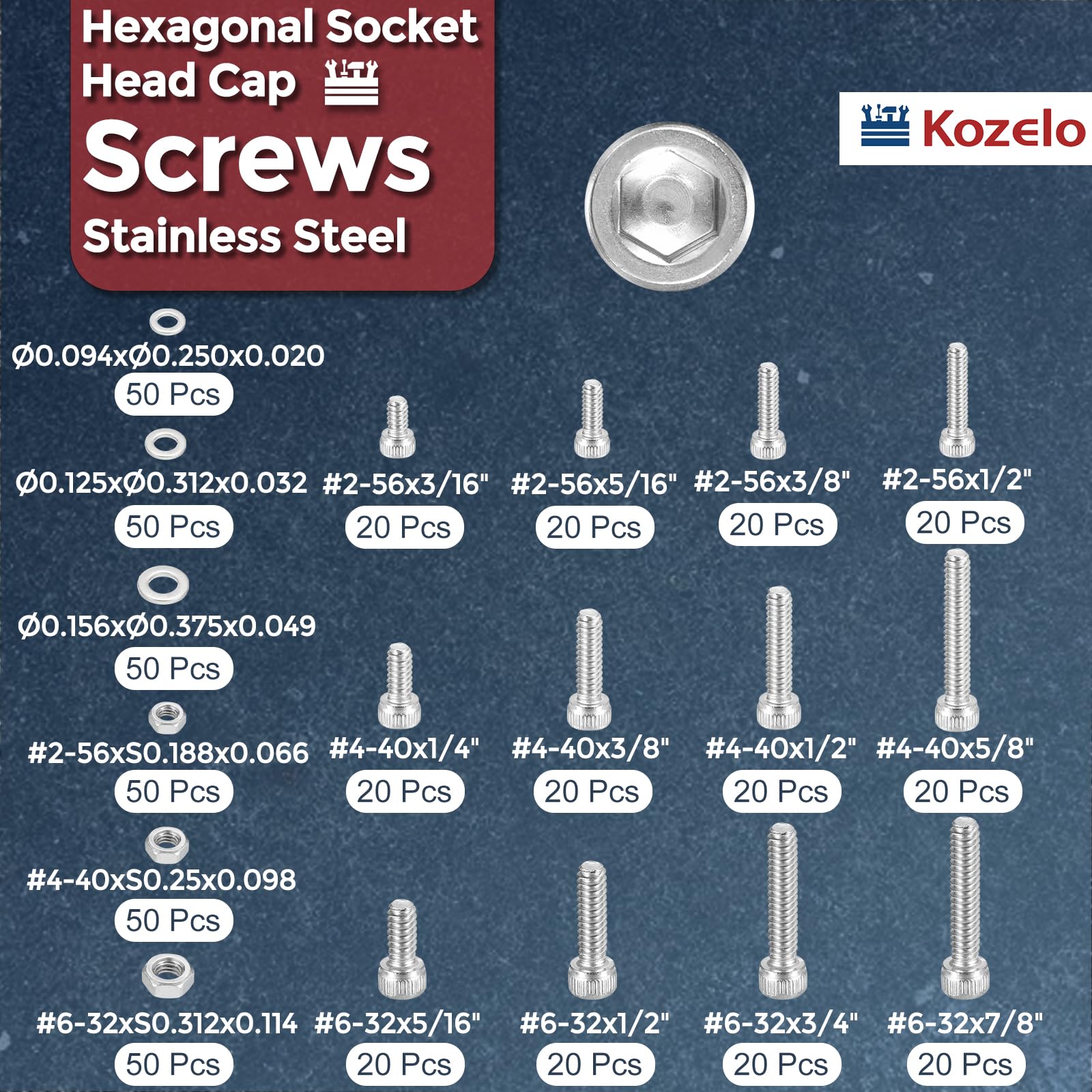 Kozelo 540pcs #2-56,#4-40,#6-32 Socket Head Cap Screws Bolts Nuts Assortment Kit - Image 2