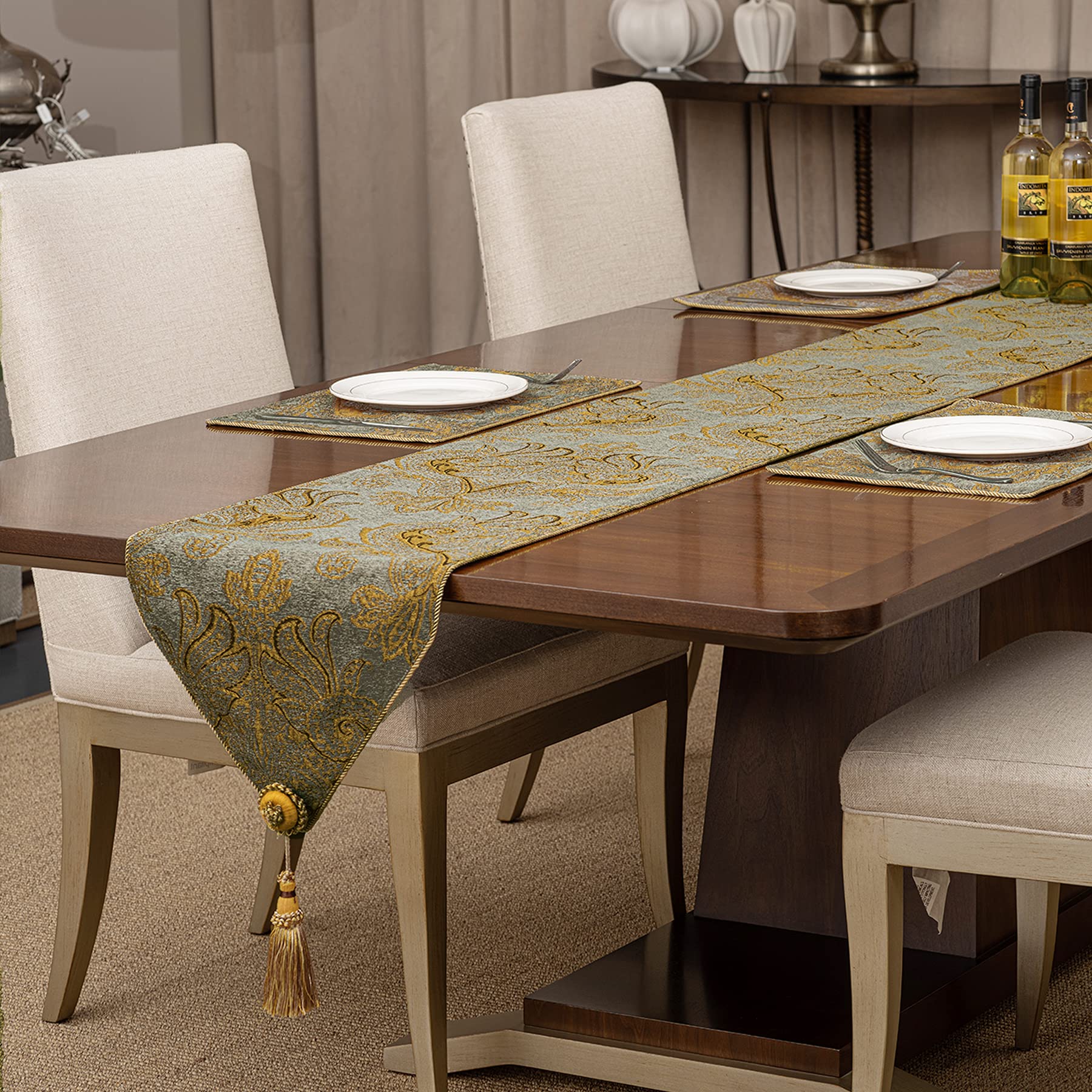 Camino de Mesa de Tela Damasco 35x180cm, Decoración para Mesa de Comedor, Hotel, Restaurante, Festival, Banquete (Azul Gris)
