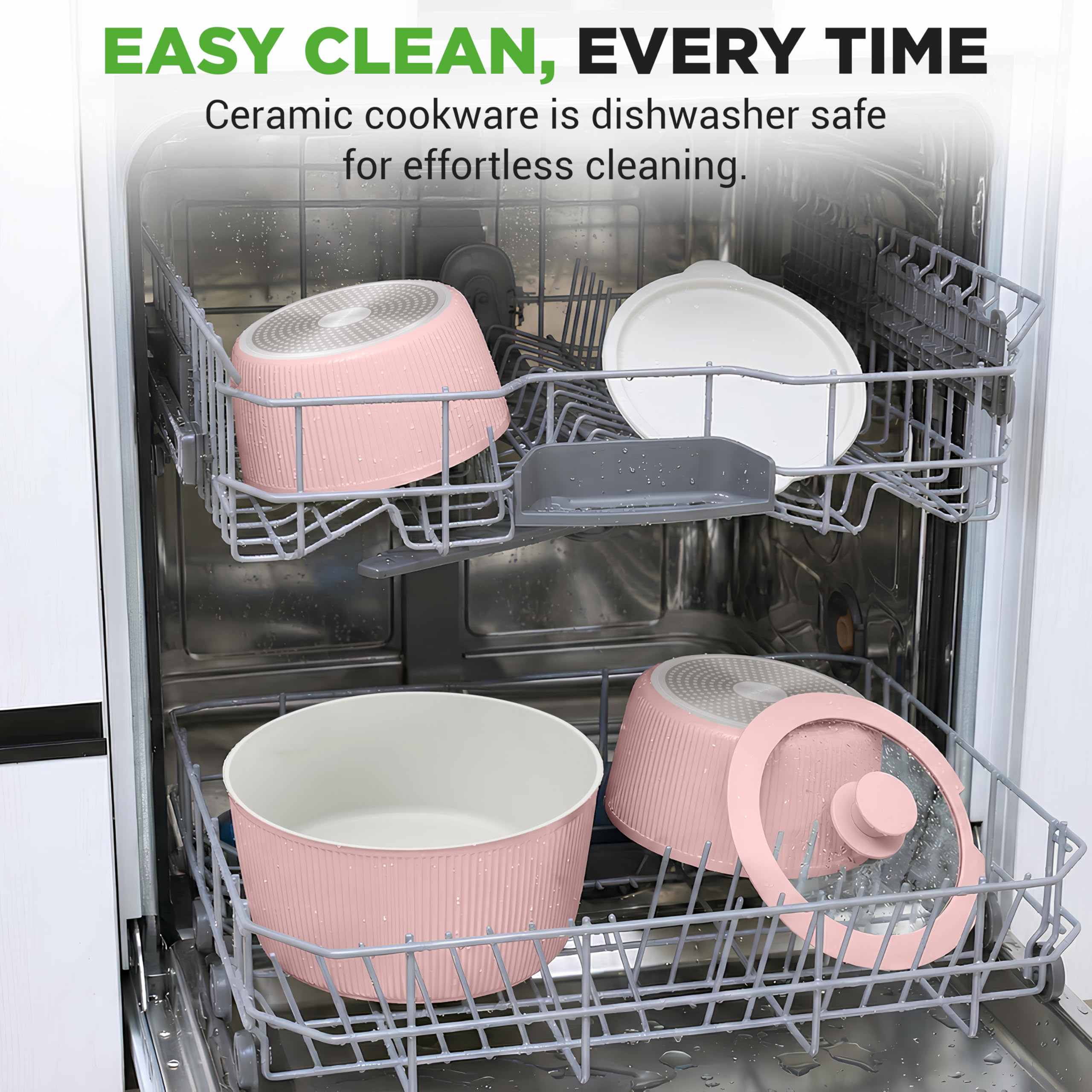 NutriChef Zestaw Naczyń Ceramicznych 18 Sztuk z Odczepianymi Rączkami, Patelnia i Garnki z Powłoką Nieprzywierającą, Powłoka Ceramiczna Bez PTFE, Oszczędność Miejsca, Do Pieca, Różowy