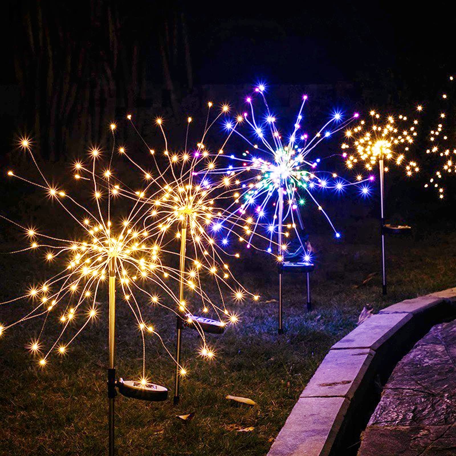 Solarne lampy ogrodowe na zewnątrz, 2 sztuki, 150 diod LED, wodoodporne, fajerwerki, dekoracja ogrodu, oświetlenie DIY, kolorowe światło na ścieżkę, patio, trawnik, podwórko, Boże Narodzenie, przyjęcie, ozdoba ślubna (kolorowe światło)