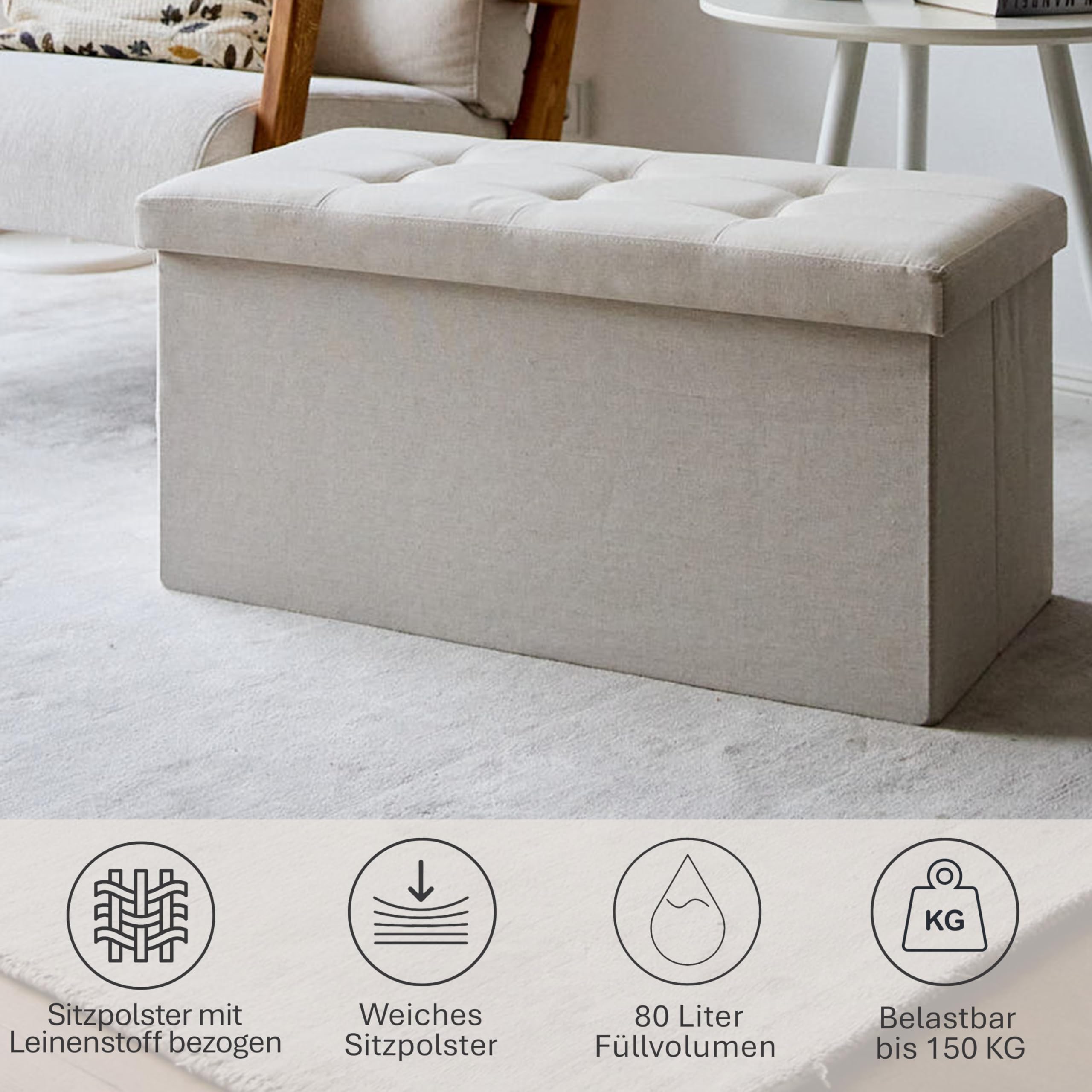 Love IT Store IT - Premium - Sitzbank mit Stauraum - Faltbare Sitztruhe Stoff für Schlafzimmer und Flur - Verstärkt mit Holz - Bequem und stabil - Beige - 76x38x38 cm