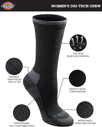 Dickies Women's Dri-Tech Essential Moisture Control Crew Socks, Available in S-XL (6, 12 Pairs)