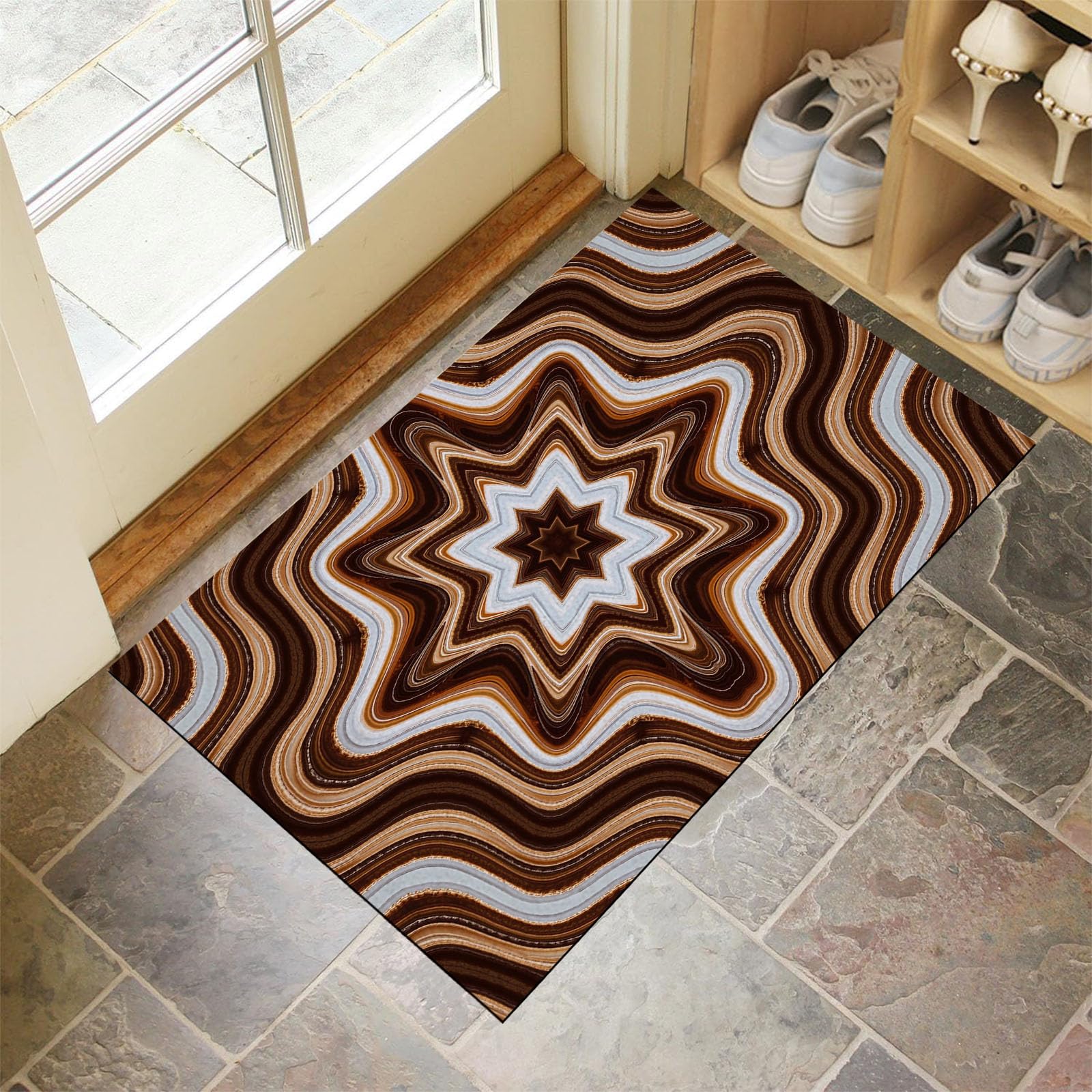 Paillasson d'entrée absorbant lavable pour couloir et chien tapis de sol vagues marron 80x120