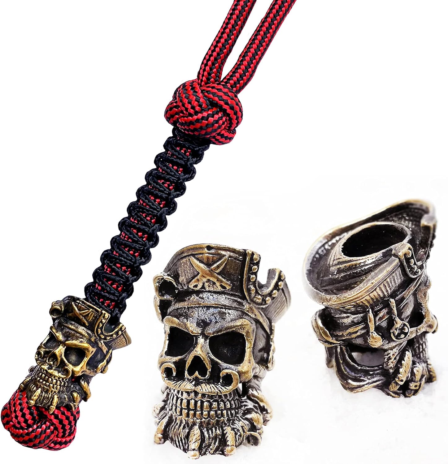 CooB EDC Paracord Knife Lanyard with Solid Metal Paracord Bead Charm Pirate Blackbeard Skull. Keychain Lanyards for Knives