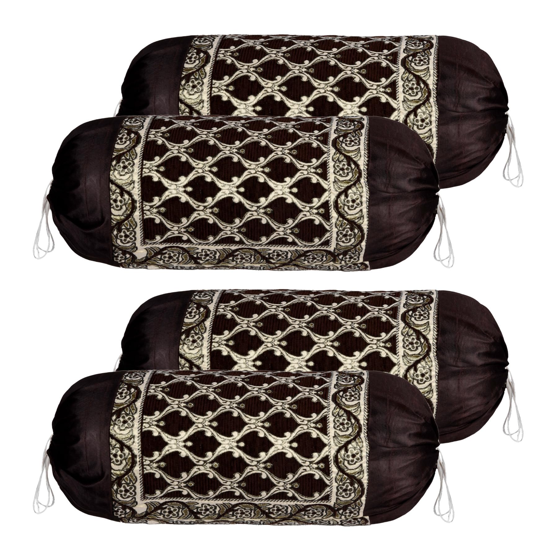 Kuber Industries Pack of 4 Aesthetic Bolster/Side Pillow Cover with Dori for Sofa & Diwan | Washable Cylindrical Takiya & Round Pillow Cover for Home Decor | Jali Design - Golden Brown