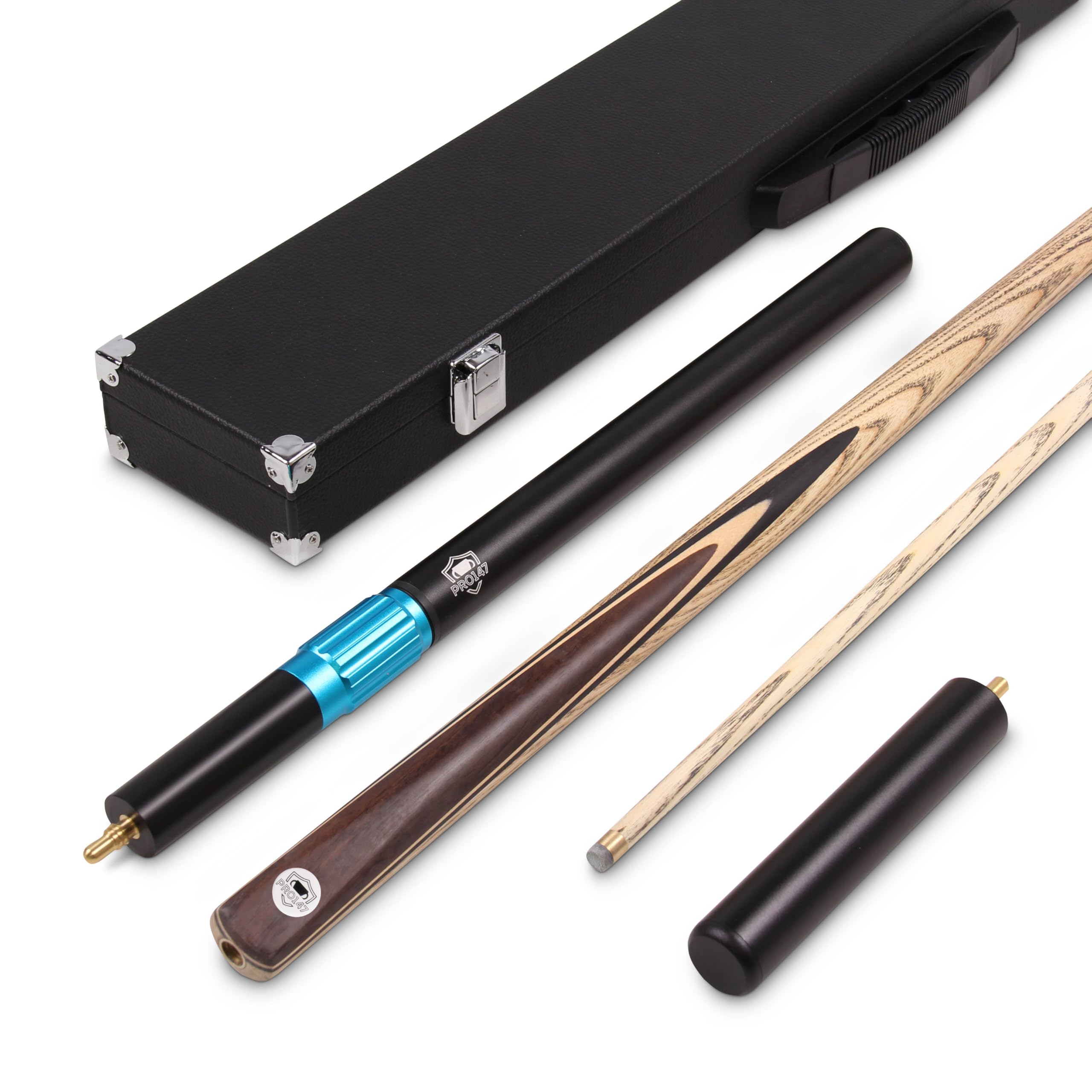 PRO147 Classic Series Set 57 Inch Centre Joint 2pc Ash Snooker Pool Cue Long Telescopic Extension, Mini Butt and 3 Slot Case - 9.5mm Tip (Walnut + Maple)
